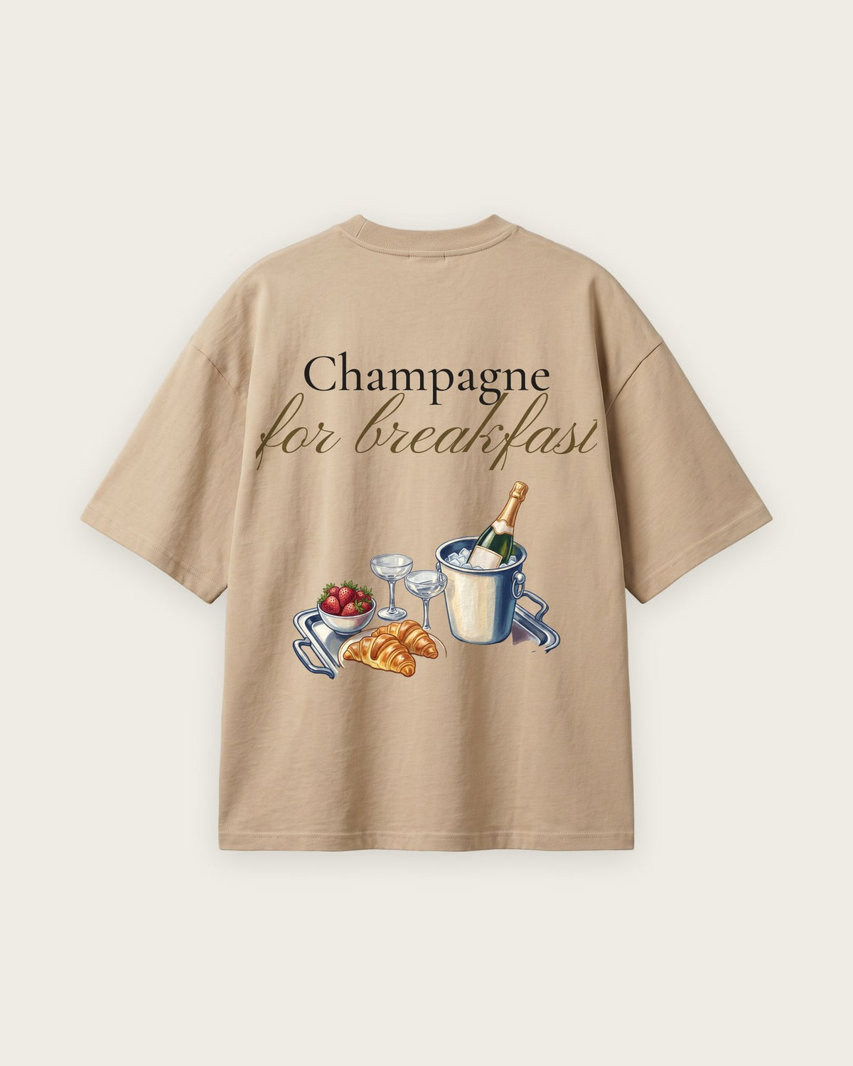 Camiseta Oversized “Champagne for Breakfast” — Areia