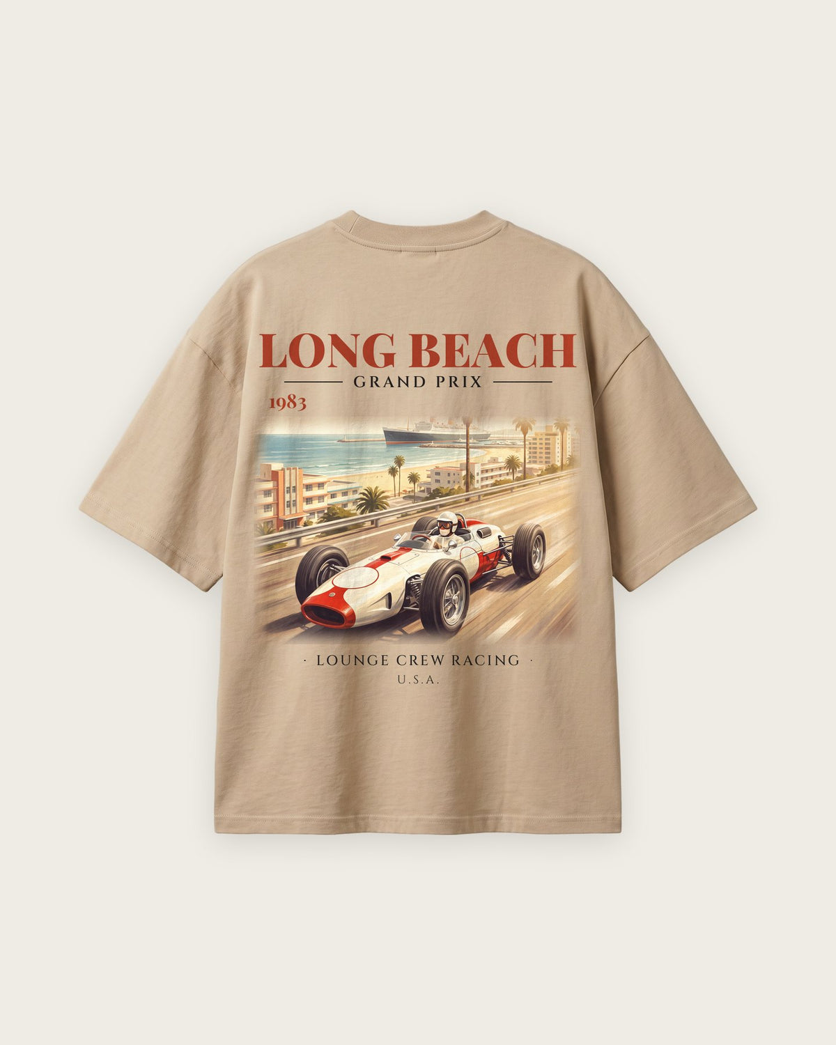 Camiseta “Long Beach Grand Prix 1983” — Areia — oversized