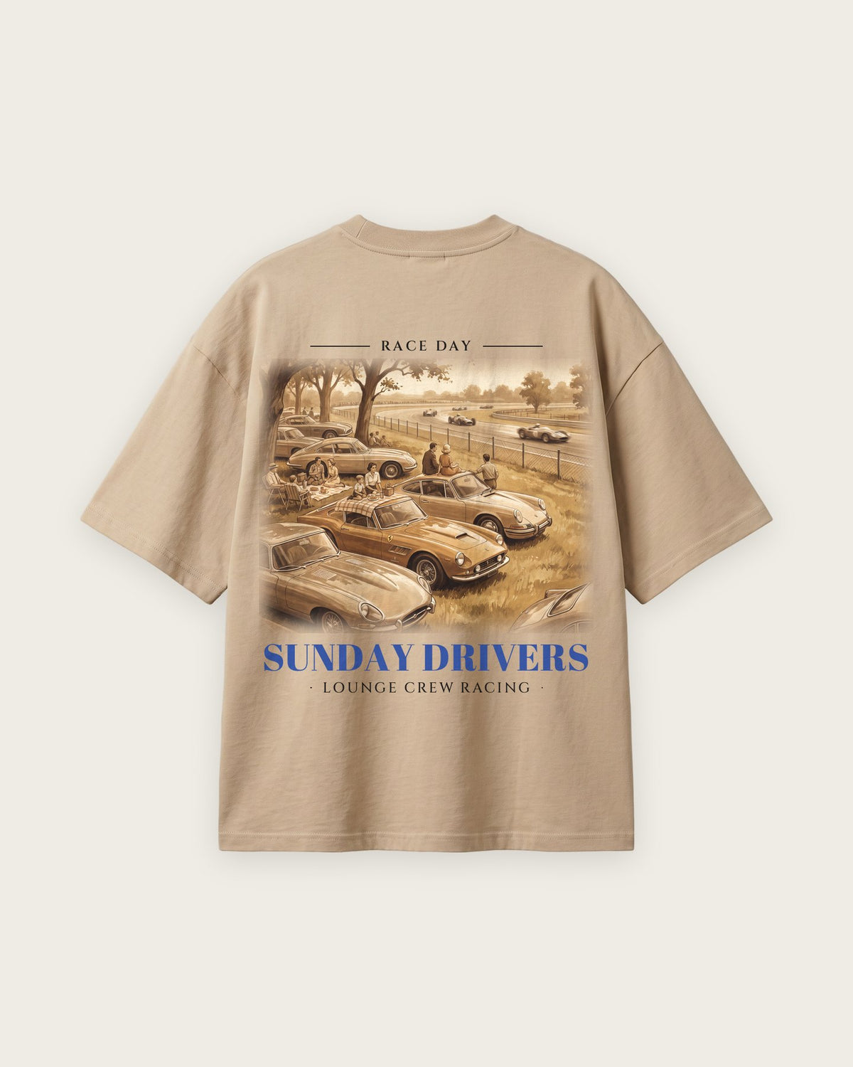 Camiseta “Sunday Drivers” — Areia — oversized