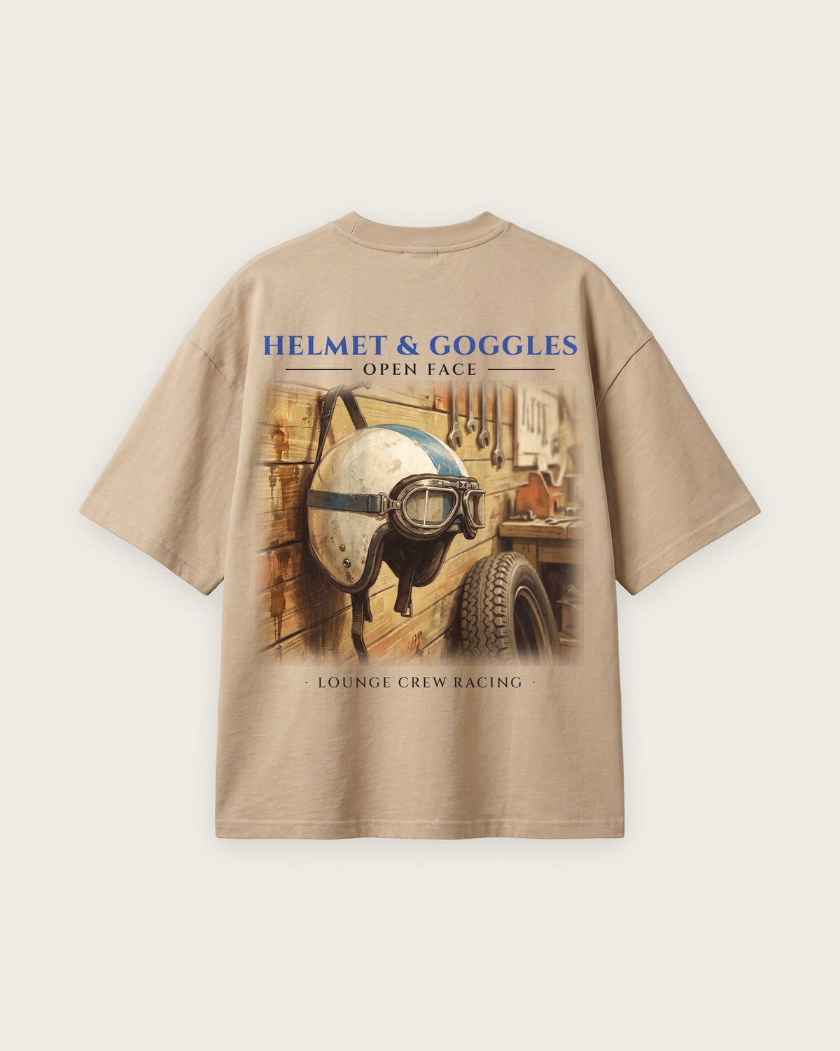 Camiseta “Helmet & Goggles” — Areia — oversized