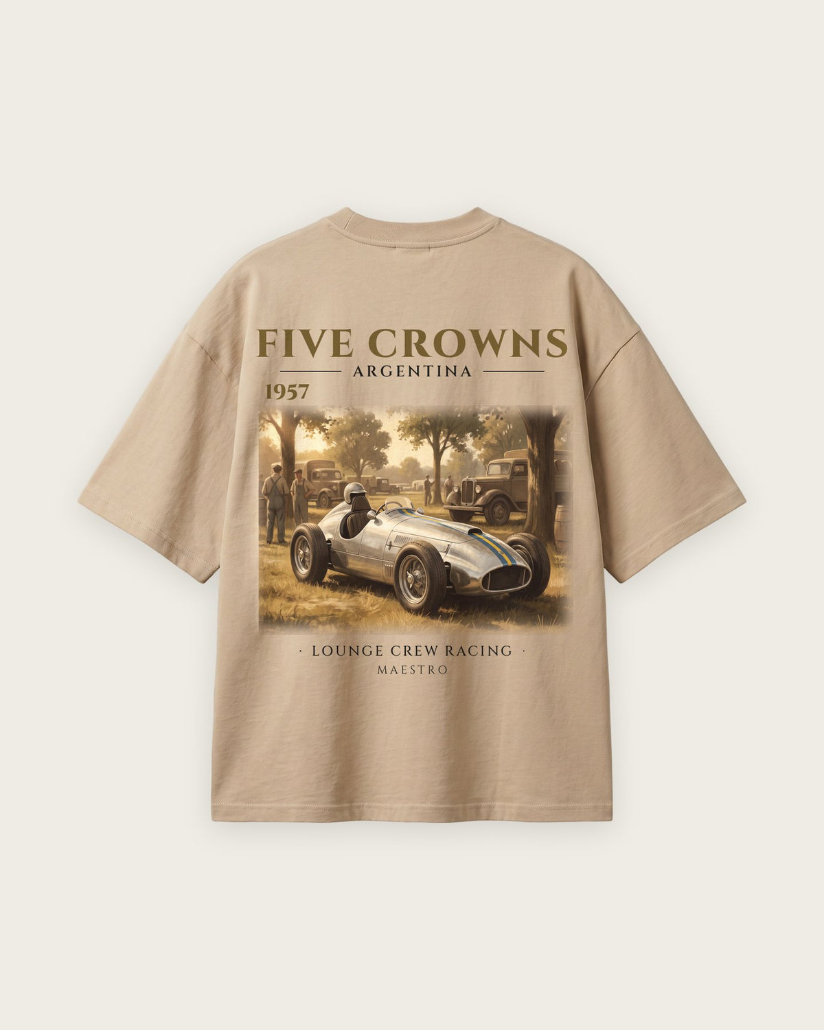 Camiseta “Five Crowns 1957” — Areia — oversized