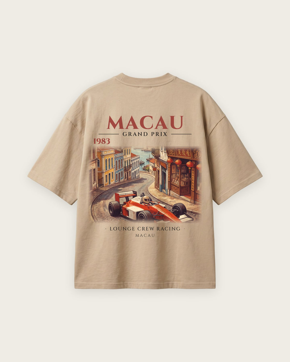 Camiseta “Macau 1983” — Areia — oversized