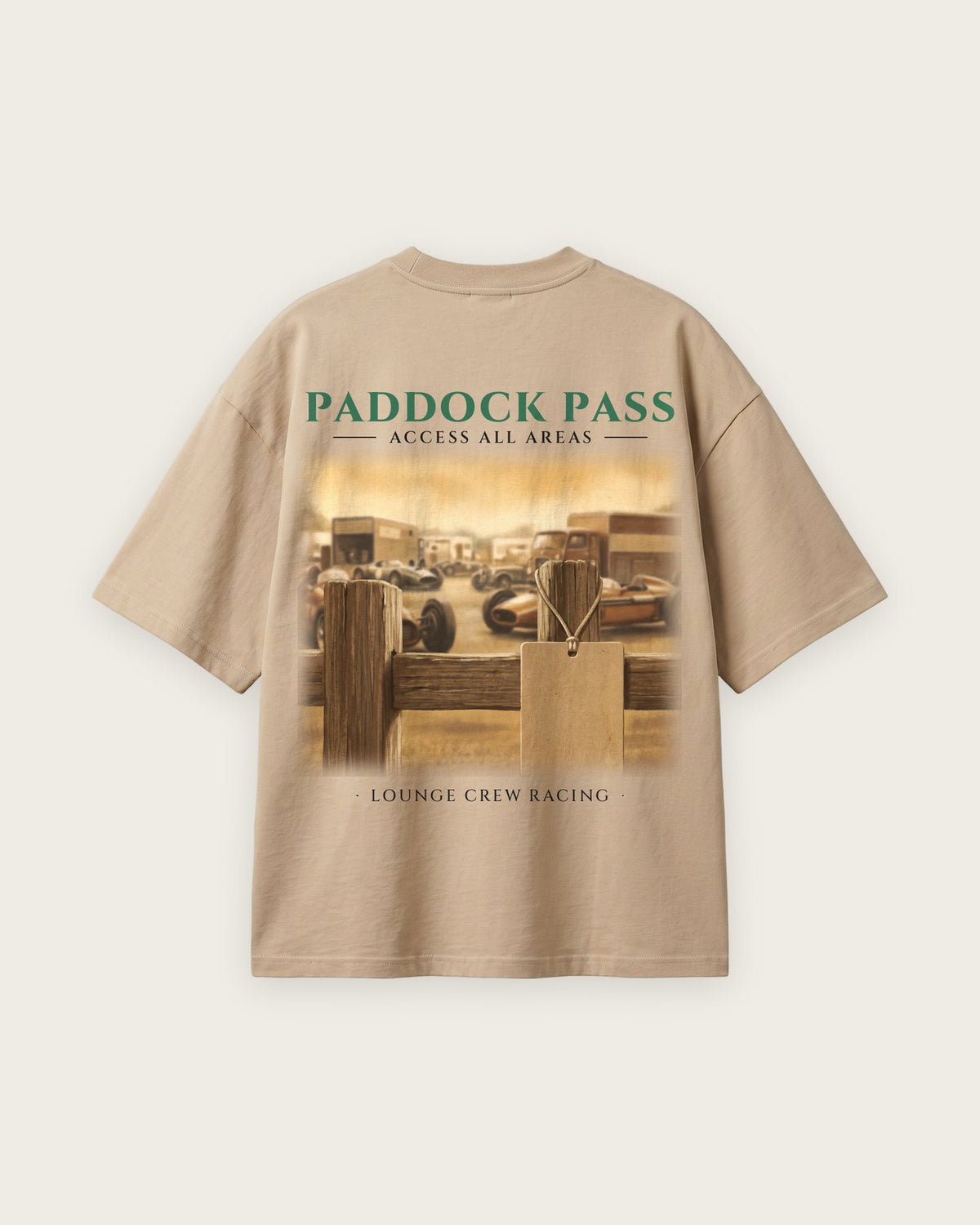 Camiseta “Paddock Pass” — Areia — oversized