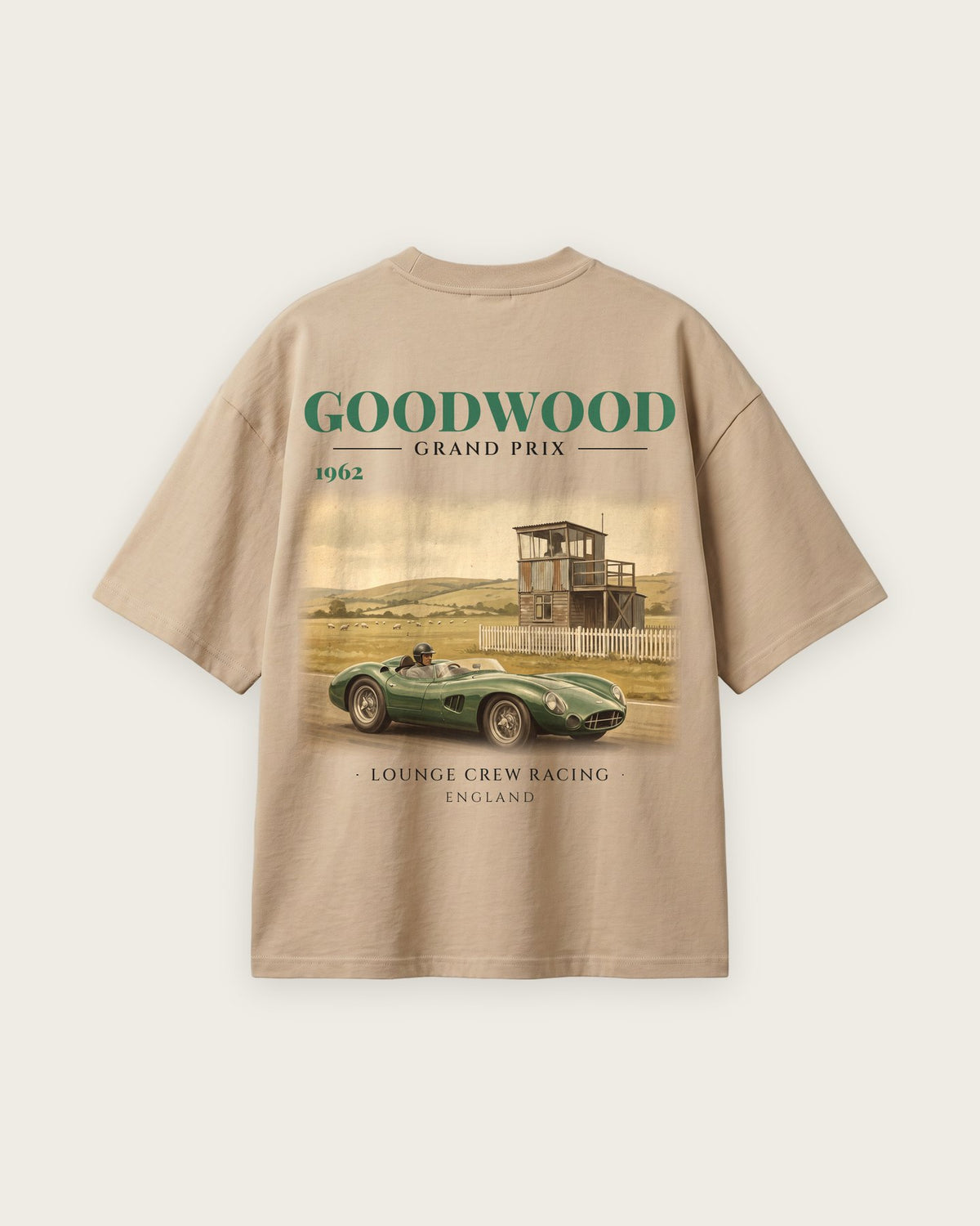 Camiseta “Goodwood 1962” — Areia — oversized