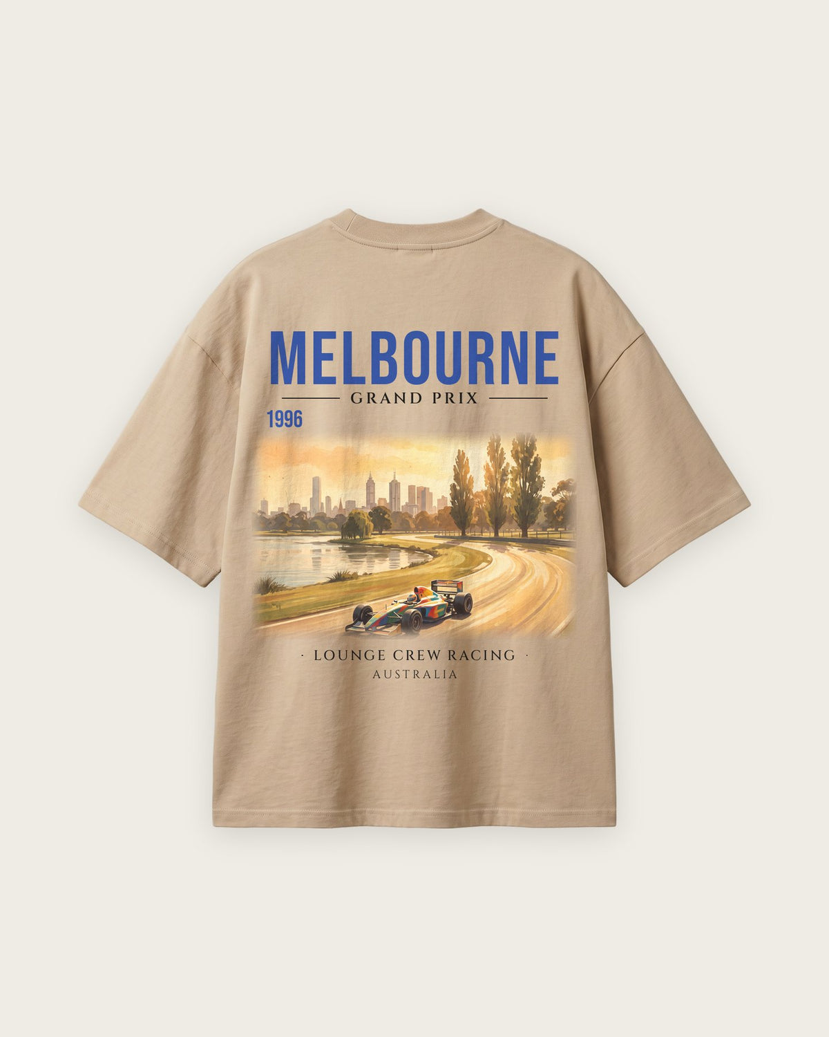 Camiseta “Melbourne 1996” — Areia — oversized