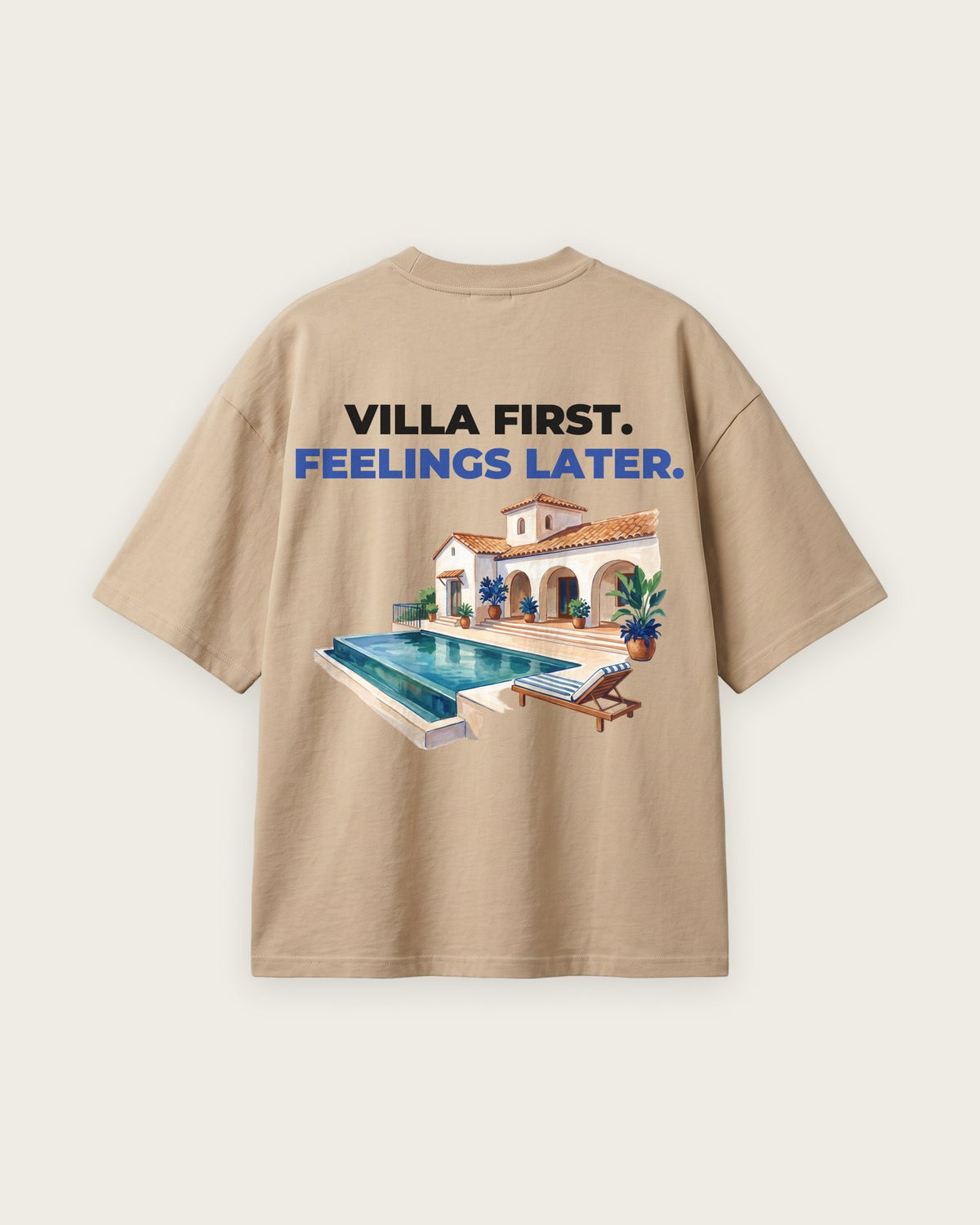 Camiseta Oversized “Villa First, Feelings Later” — Areia