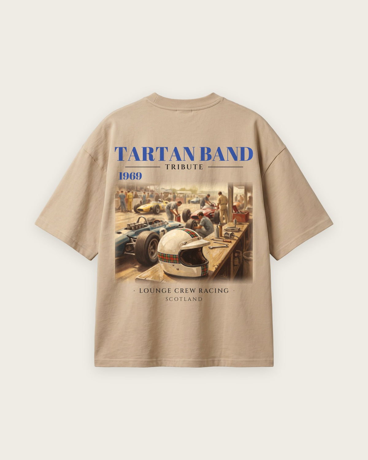 Camiseta “Tartan Band 1969” — Areia — oversized