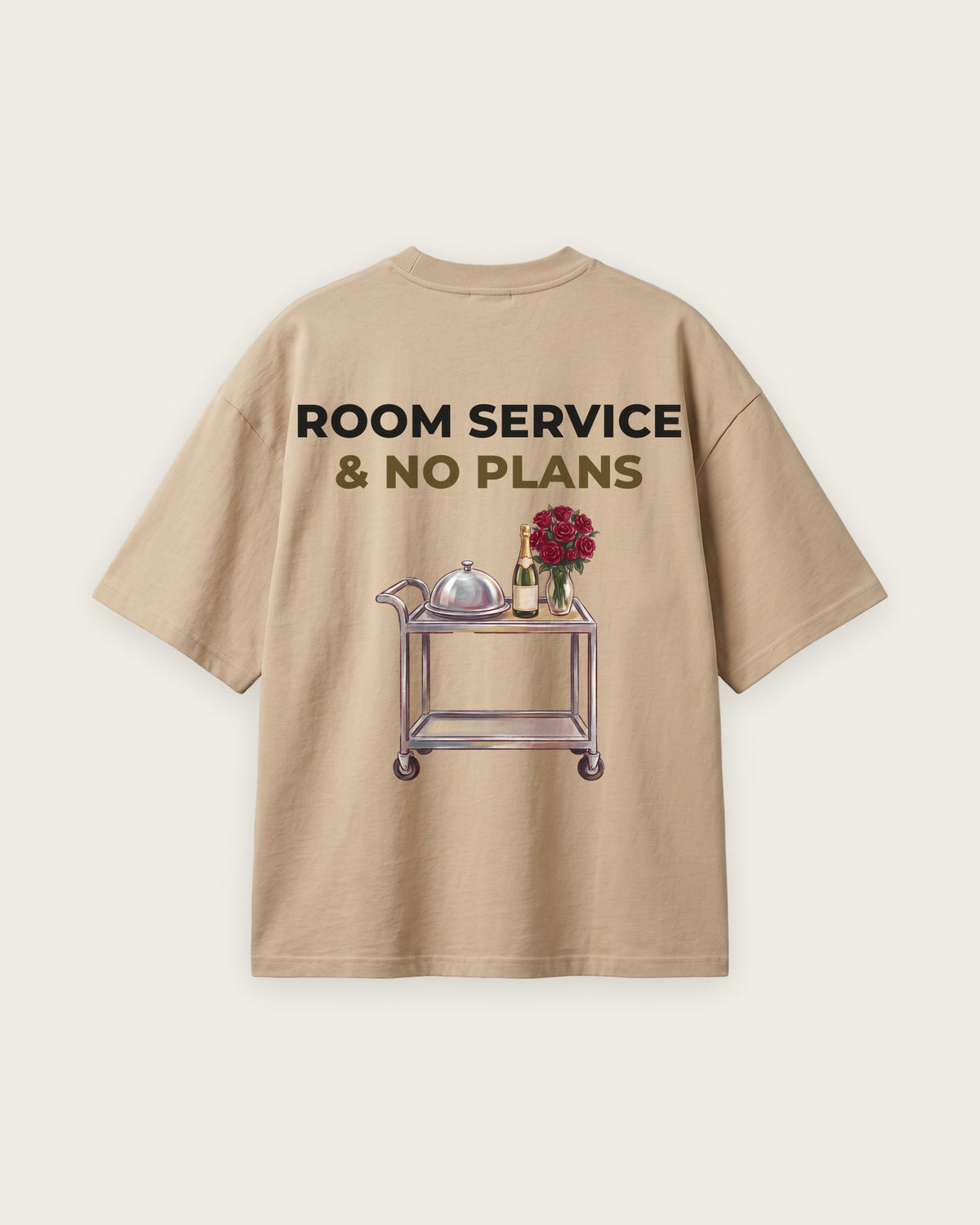 Camiseta Oversized “Room Service and No Plans” — Areia