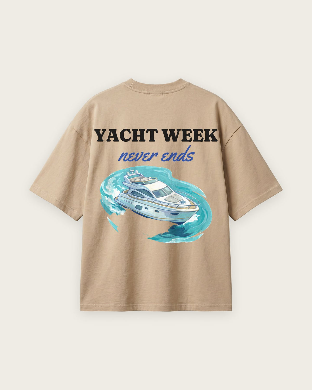 Camiseta Oversized “Yacht Week Never Ends” — Areia