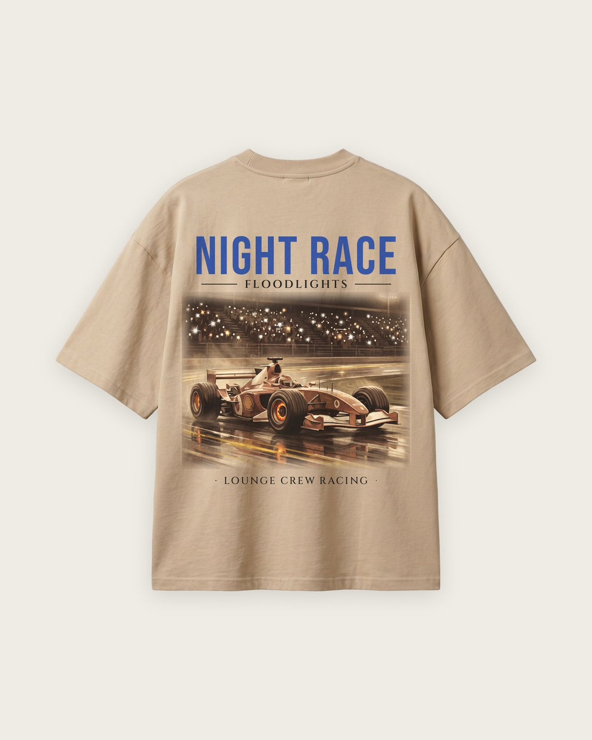 Camiseta “Night Race” — Areia — oversized