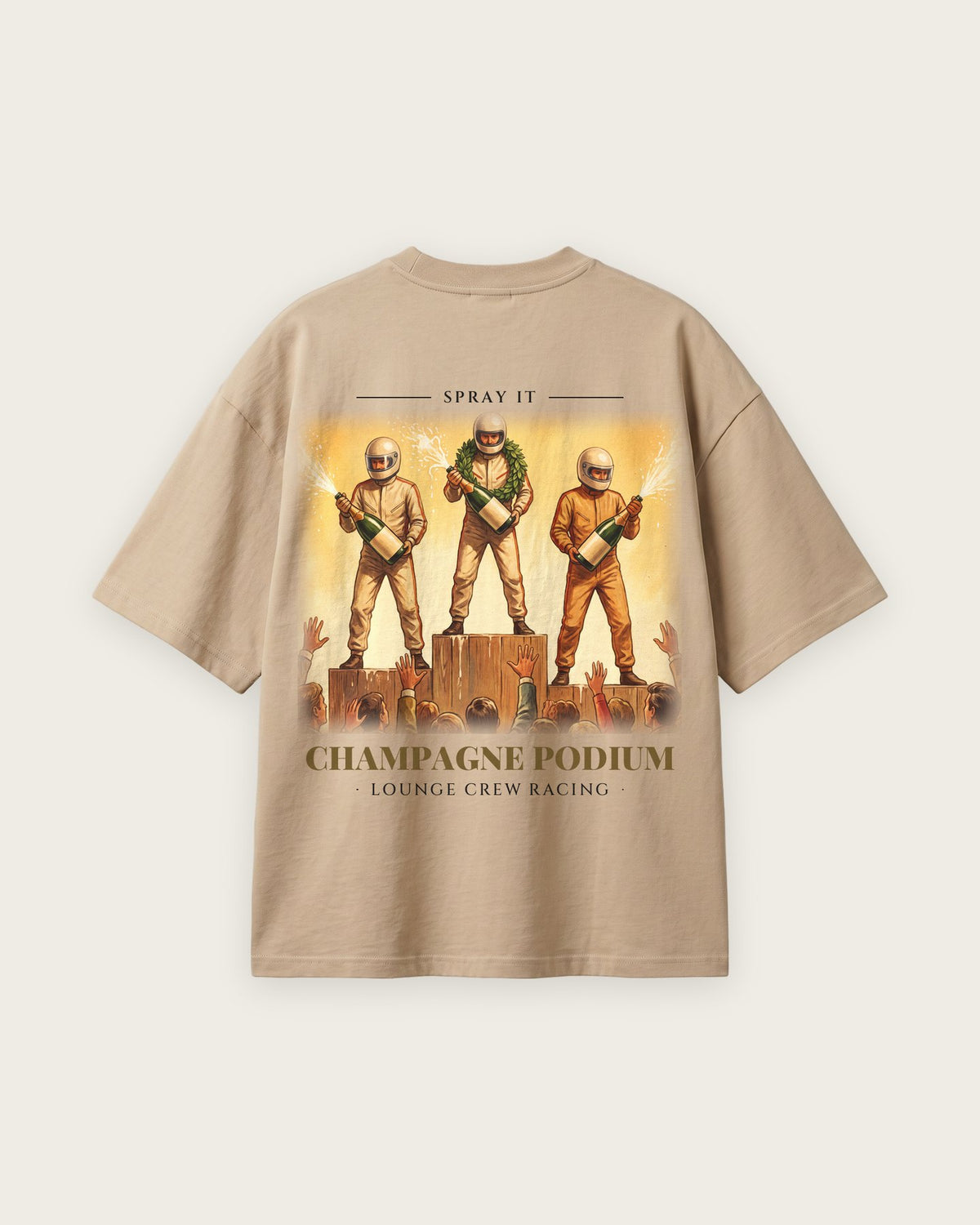 Camiseta “Champagne Podium” — Areia — oversized