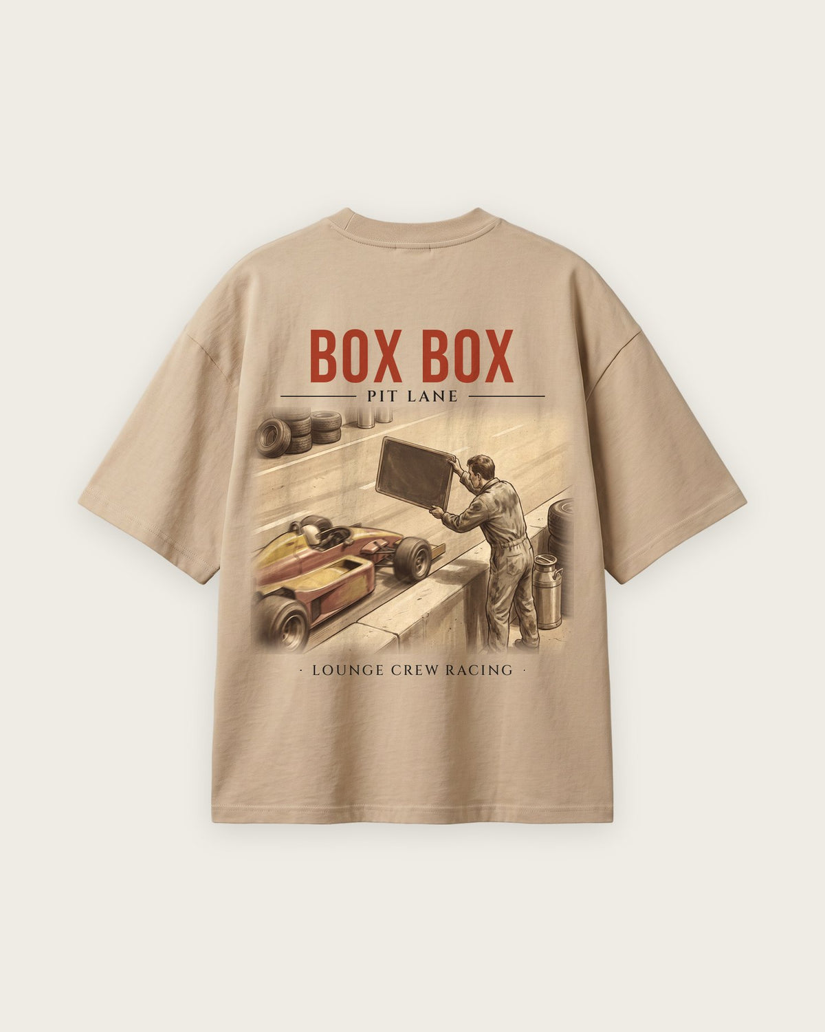 Camiseta “Box Box” — Areia — oversized
