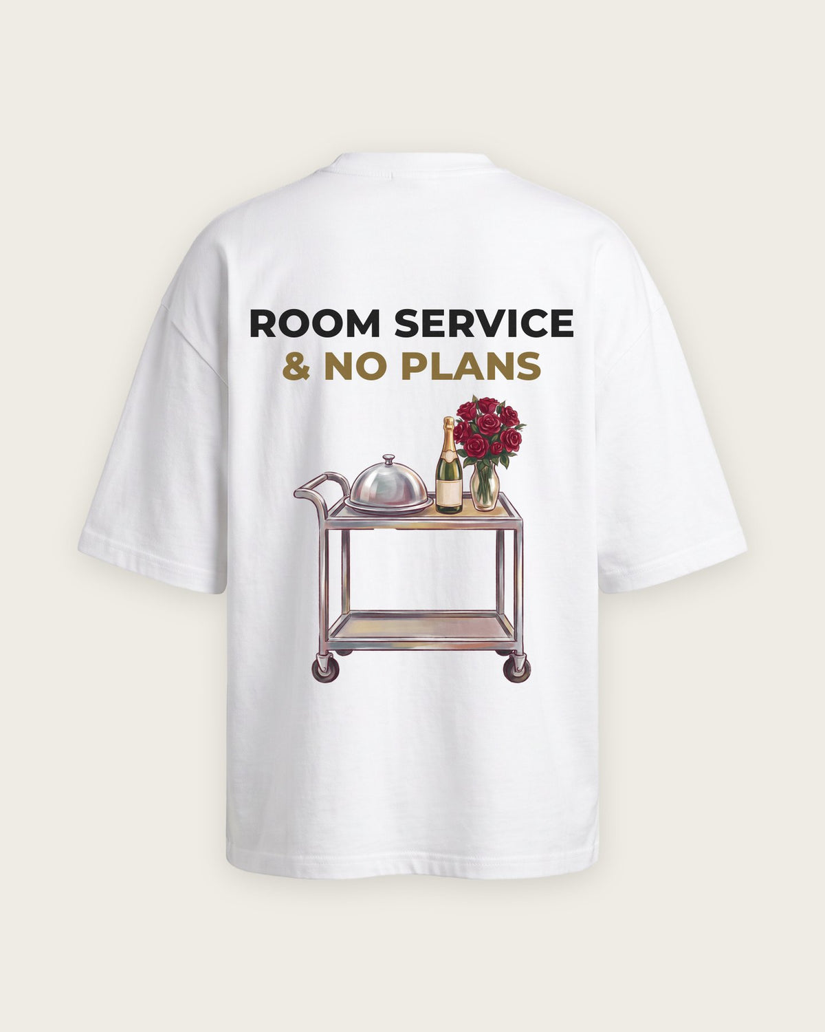 Camiseta Oversized “Room Service and No Plans” — Branco