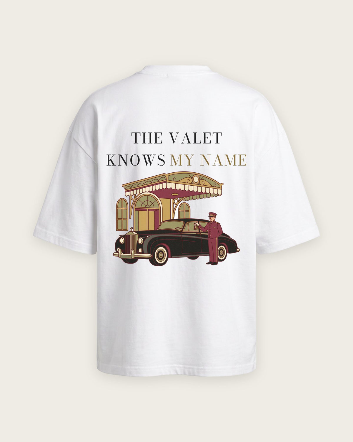 Camiseta Oversized “The Valet Knows My Name” — Branco