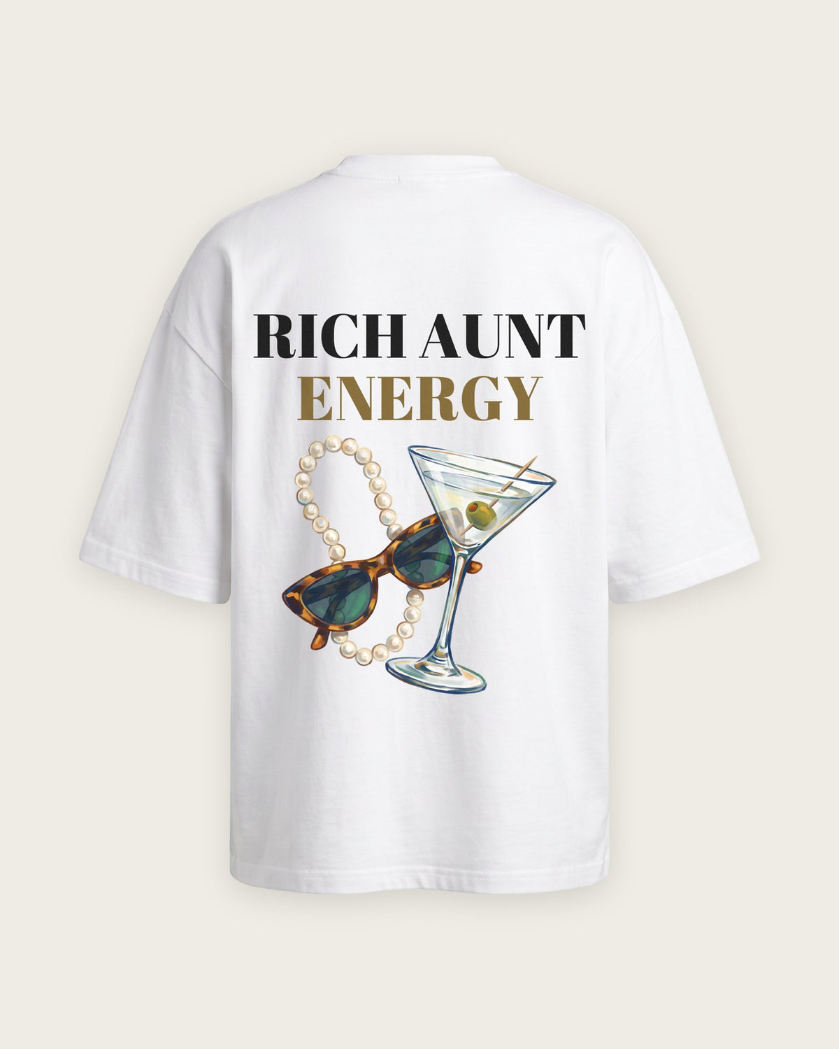 Camiseta “Rich Aunt Energy” — Branco — oversized
