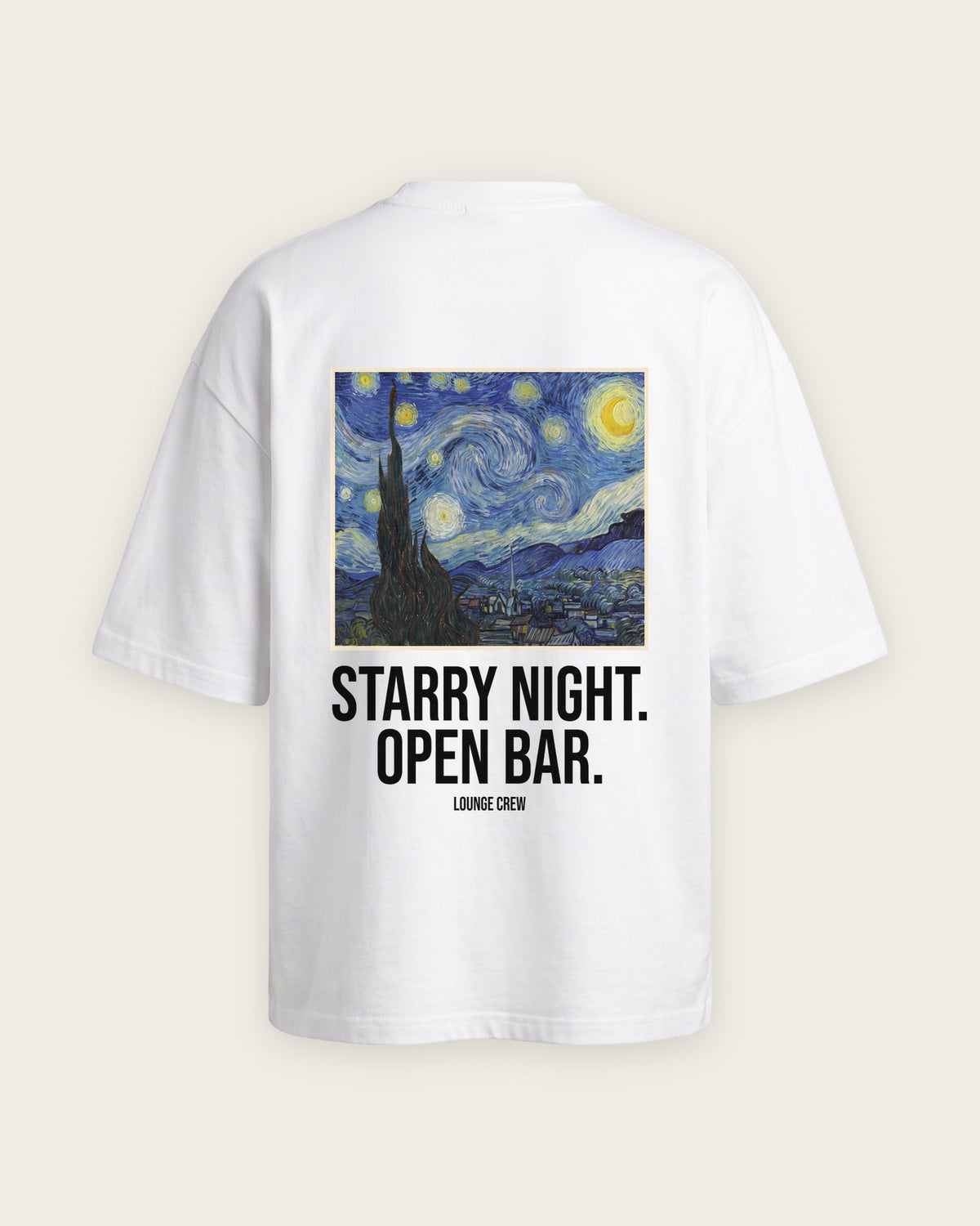Camiseta “Starry Night, Open Bar” — Branco