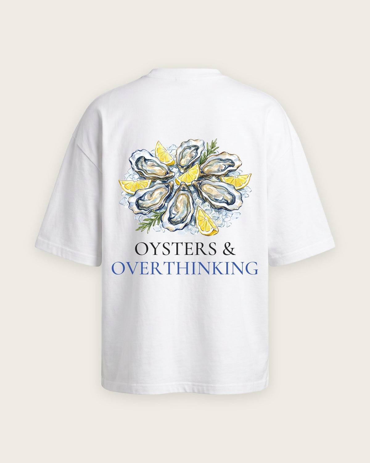 Camiseta Oversized “Oysters and Overthinking” — Branco