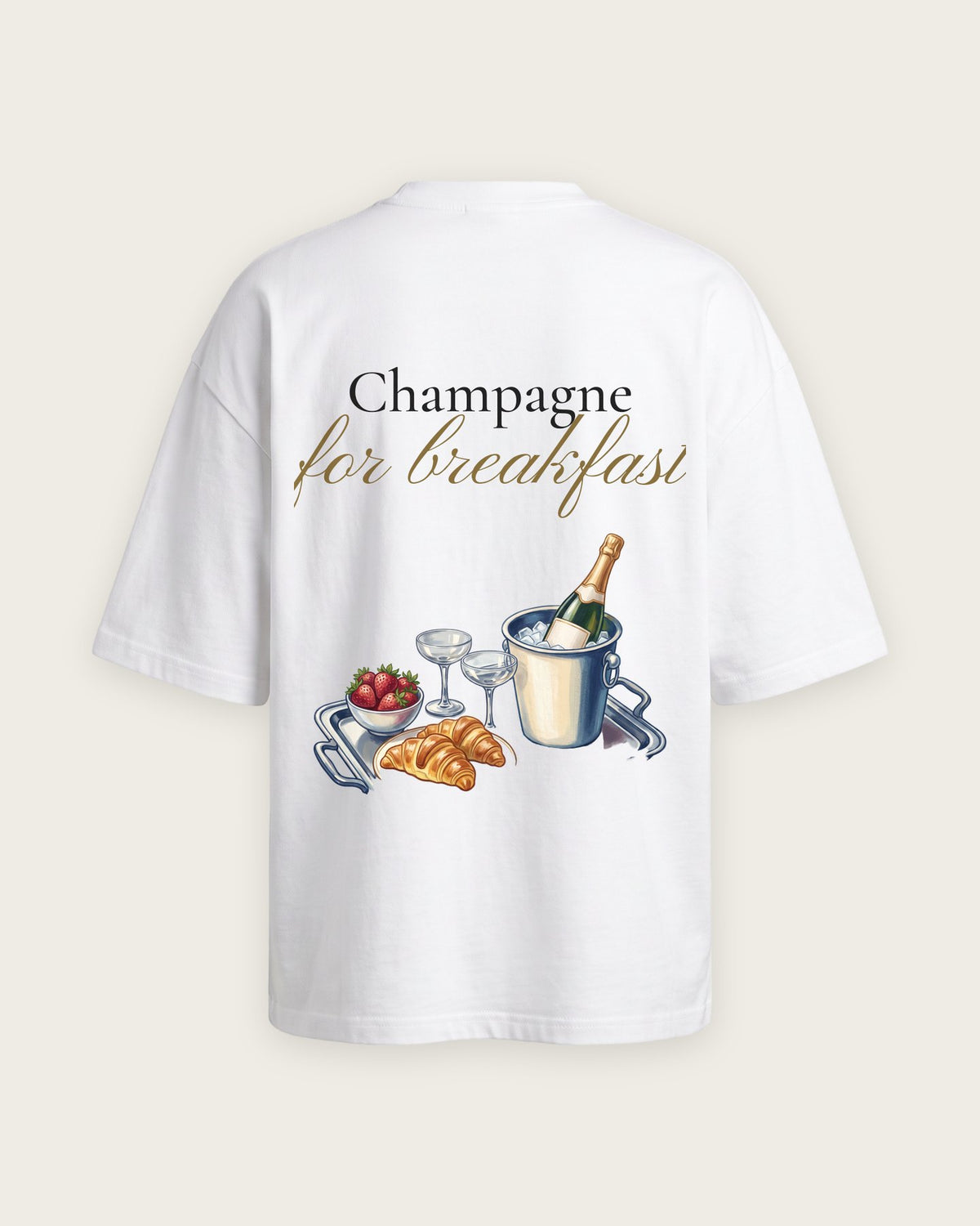 Camiseta Oversized “Champagne for Breakfast” — Branco