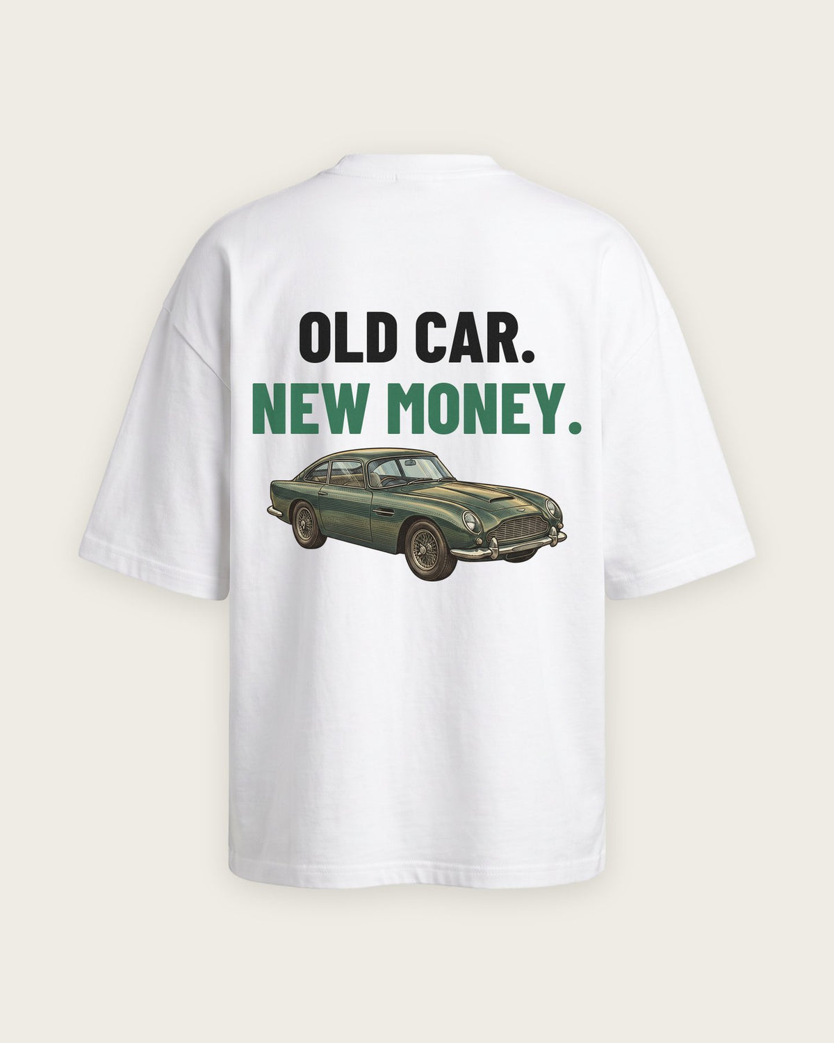 Camiseta Oversized “Old Car, New Money” — Branco