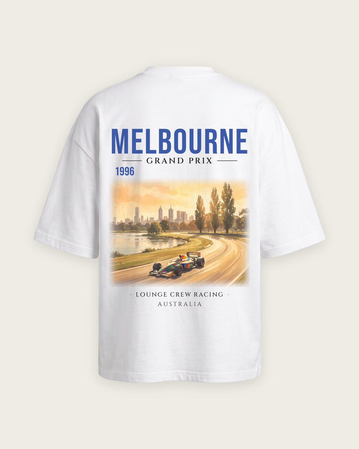 Camiseta “Melbourne 1996” — Branco — oversized