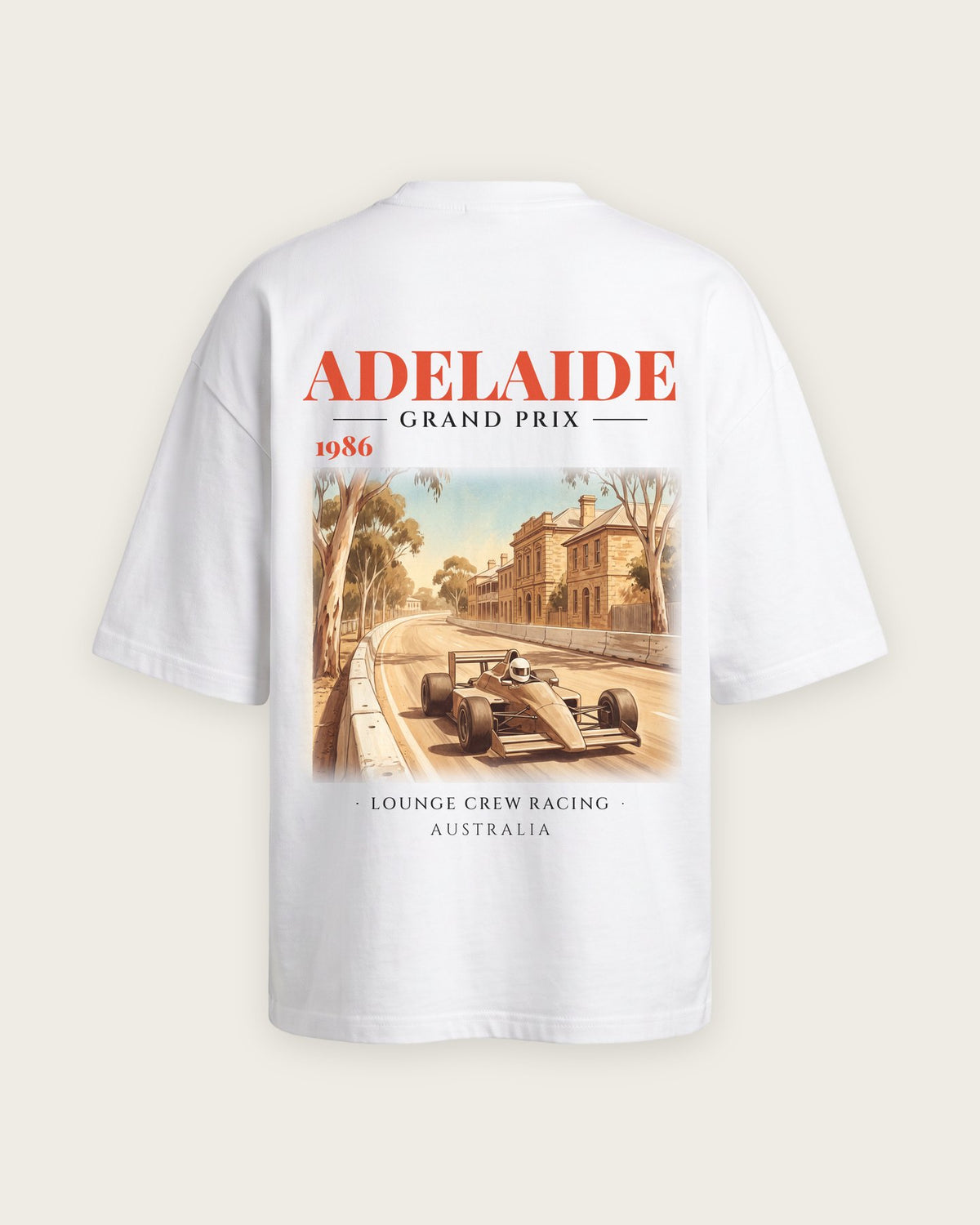 Camiseta “Adelaide 1986” — Branco — oversized