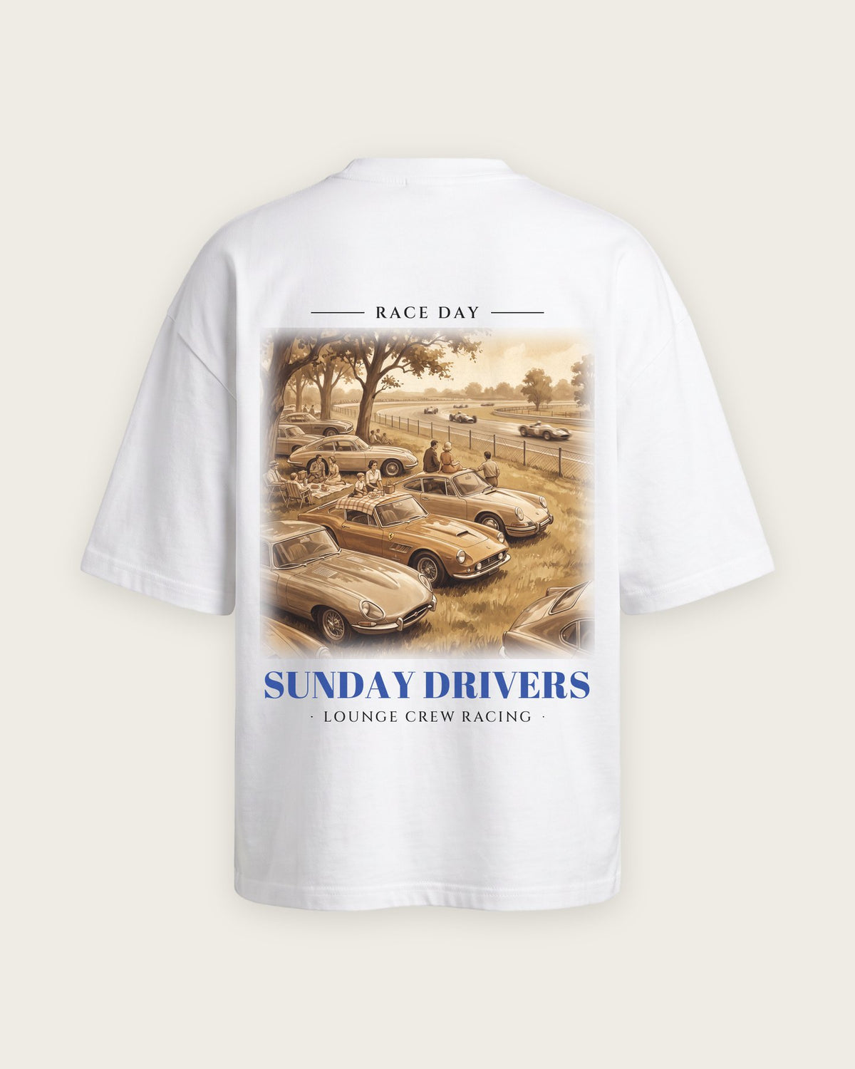 Camiseta “Sunday Drivers” — Branco — oversized