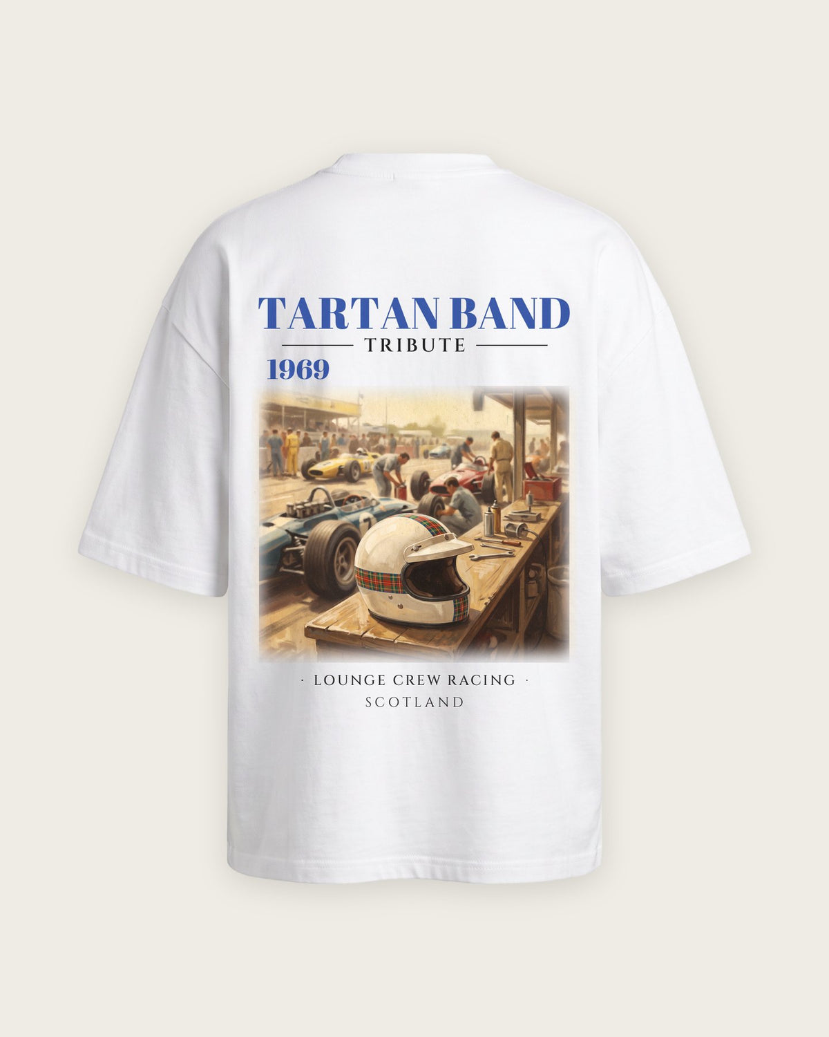 Camiseta “Tartan Band 1969” — Branco — oversized