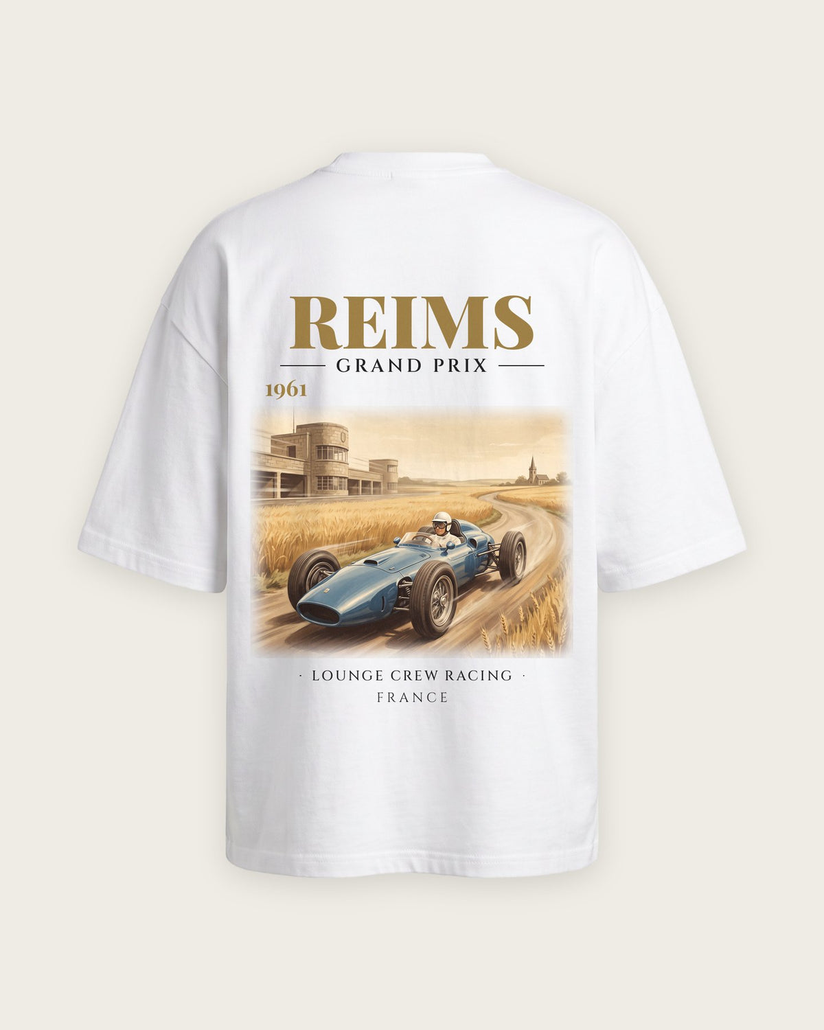Camiseta “Reims Grand Prix 1961” — Branco — oversized