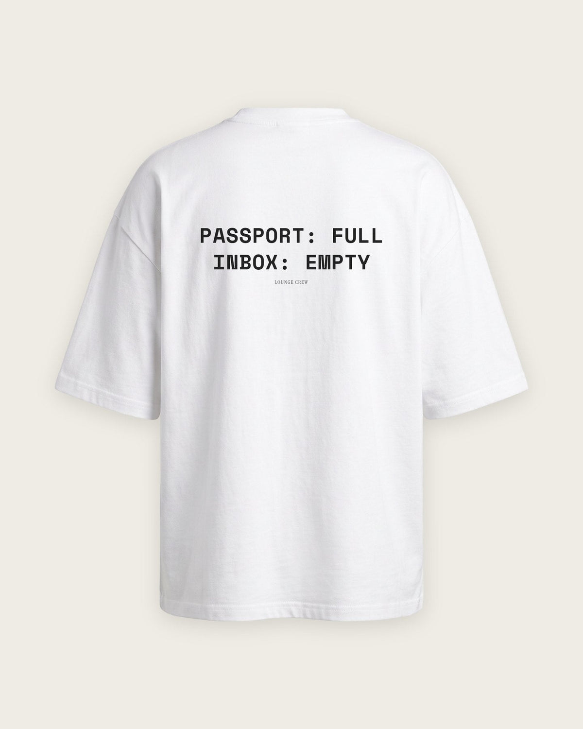 Camiseta Oversized “Passport Full, Inbox Empty” — Branco