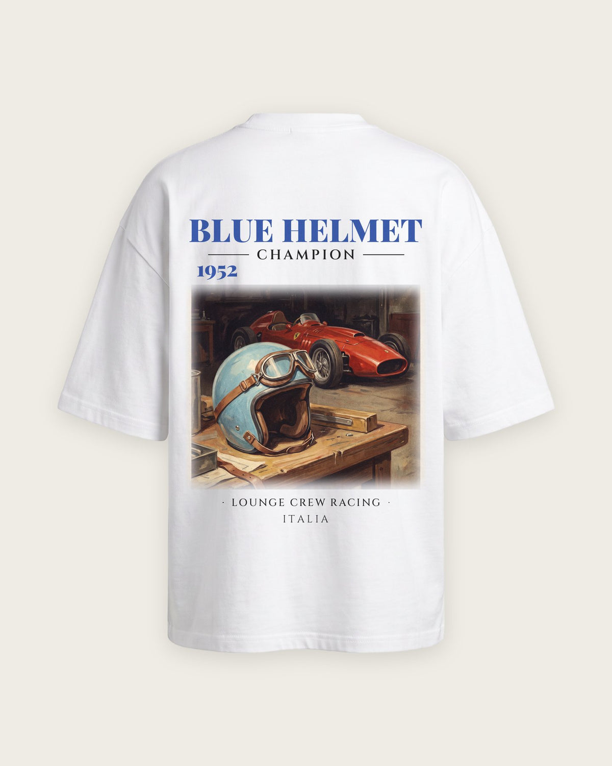 Camiseta “Blue Helmet 1952” — Branco — oversized