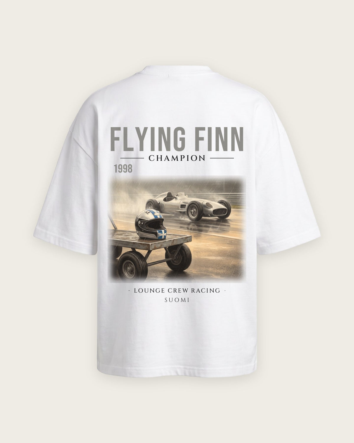 Camiseta “Flying Finn 1998” — Branco — oversized