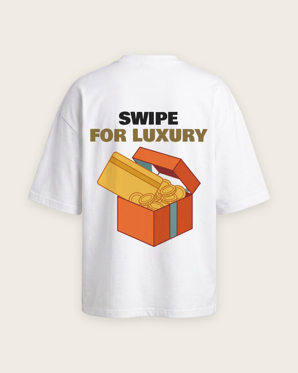 Camiseta “Swipe for Luxury” — Branco — oversized