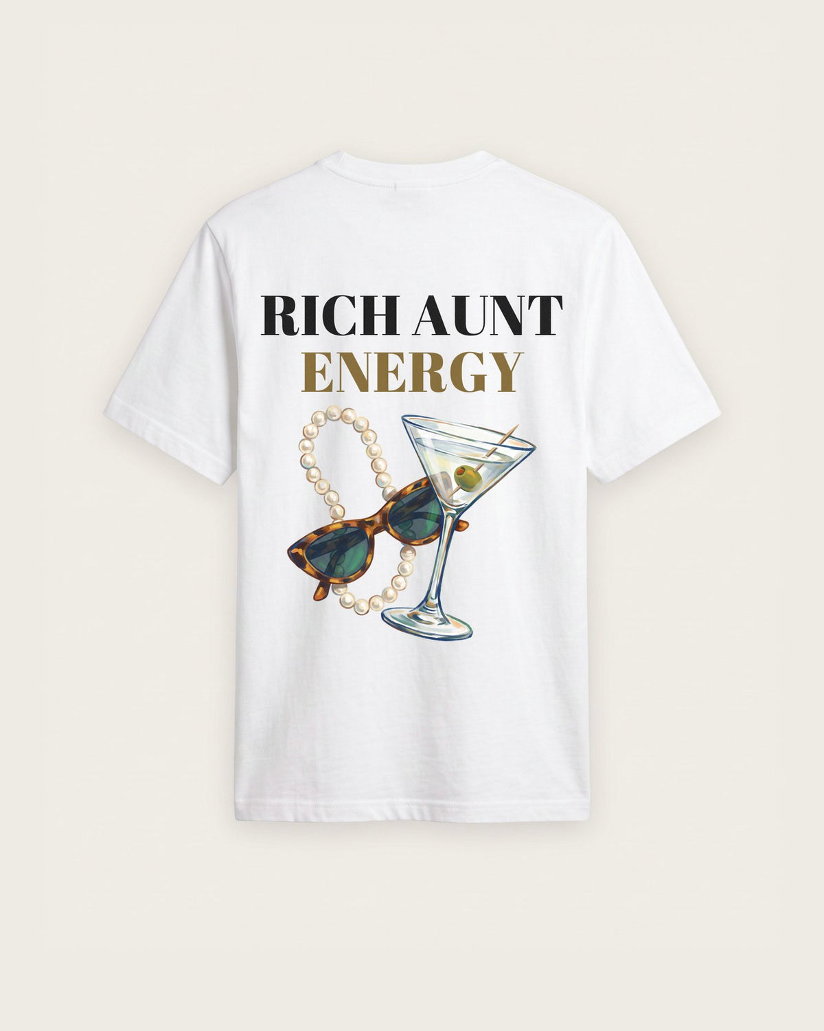 Camiseta “Rich Aunt Energy” — Branco — regular