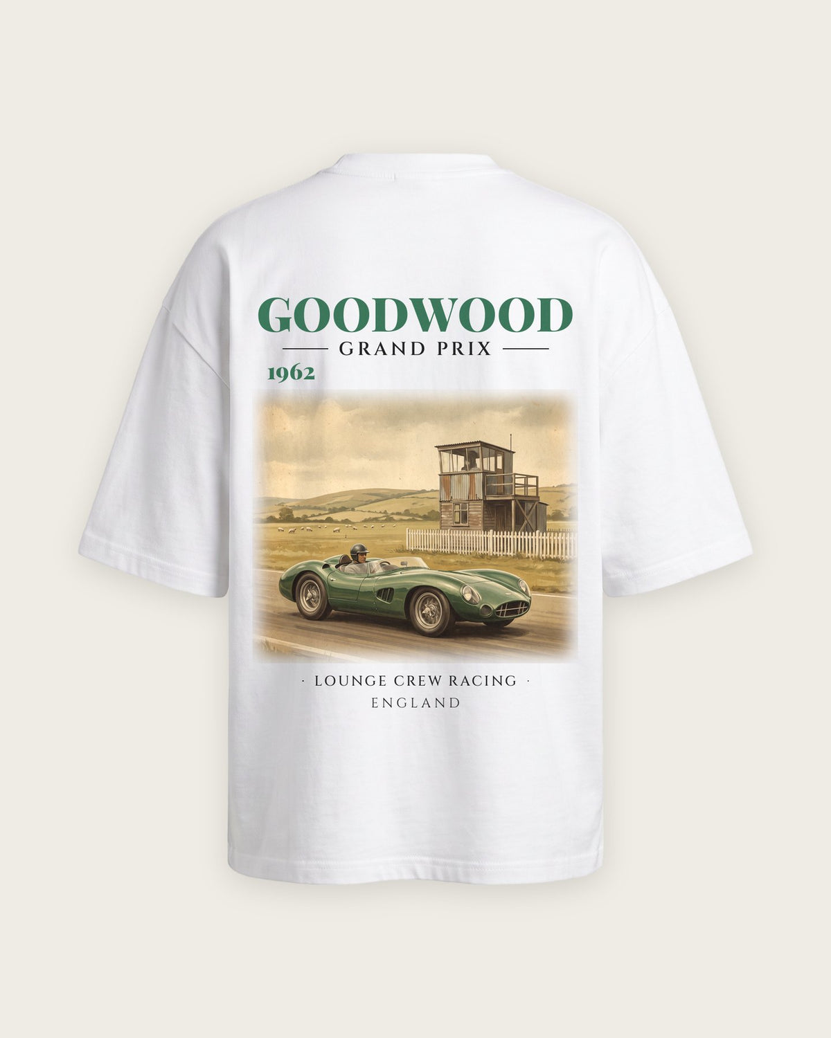 Camiseta “Goodwood 1962” — Branco — oversized