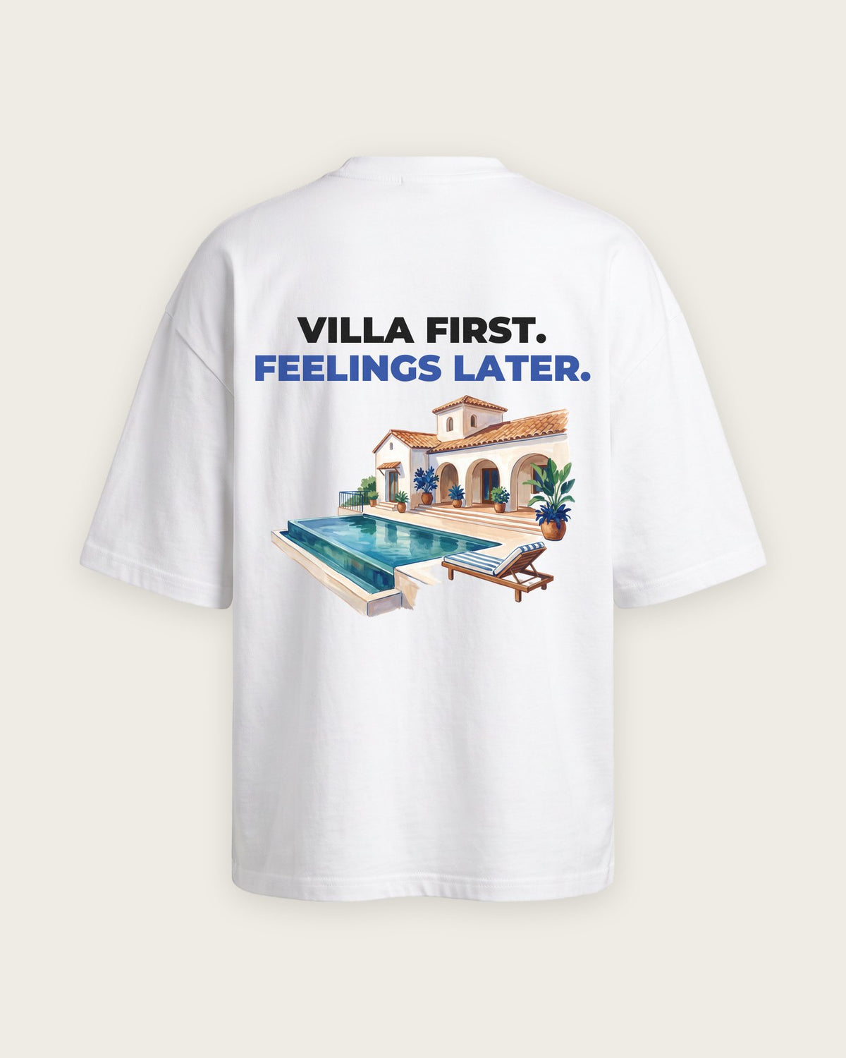 Camiseta Oversized “Villa First, Feelings Later” — Branco