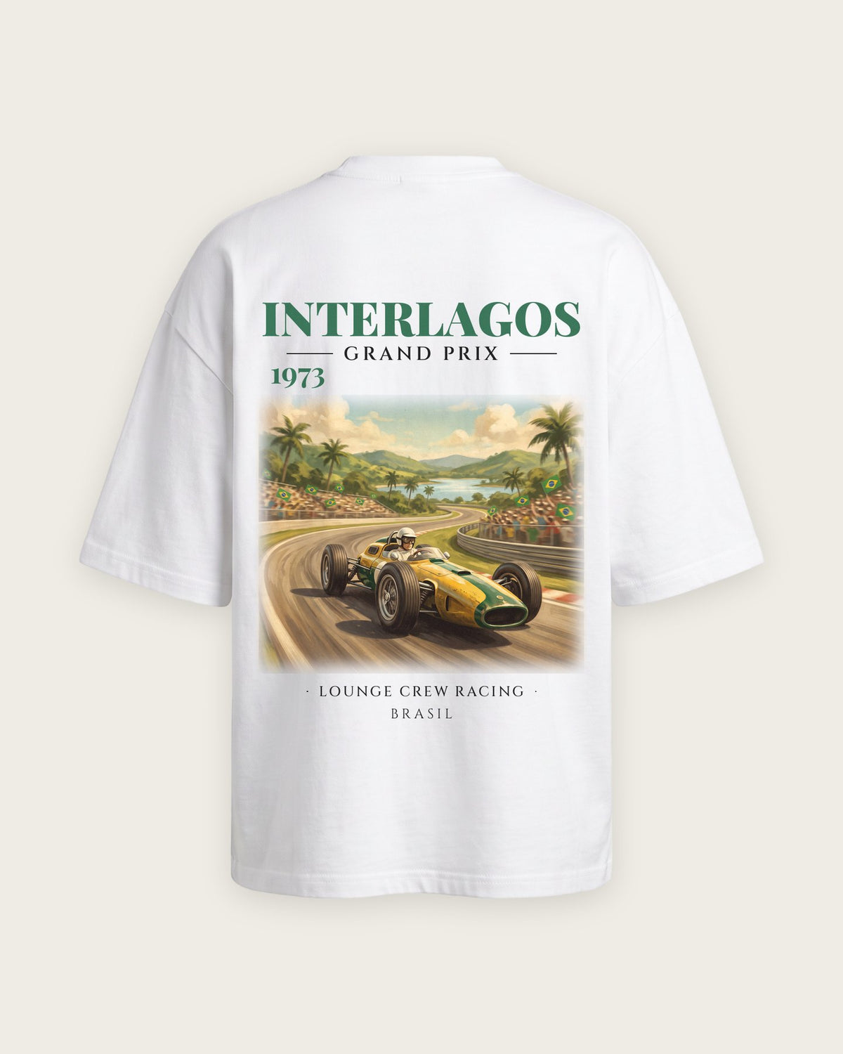 Camiseta “Interlagos Grand Prix 1973” — Branco — oversized