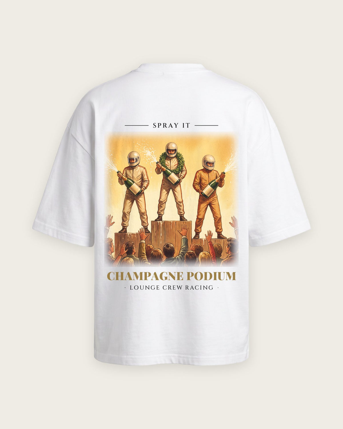 Camiseta “Champagne Podium” — Branco — oversized