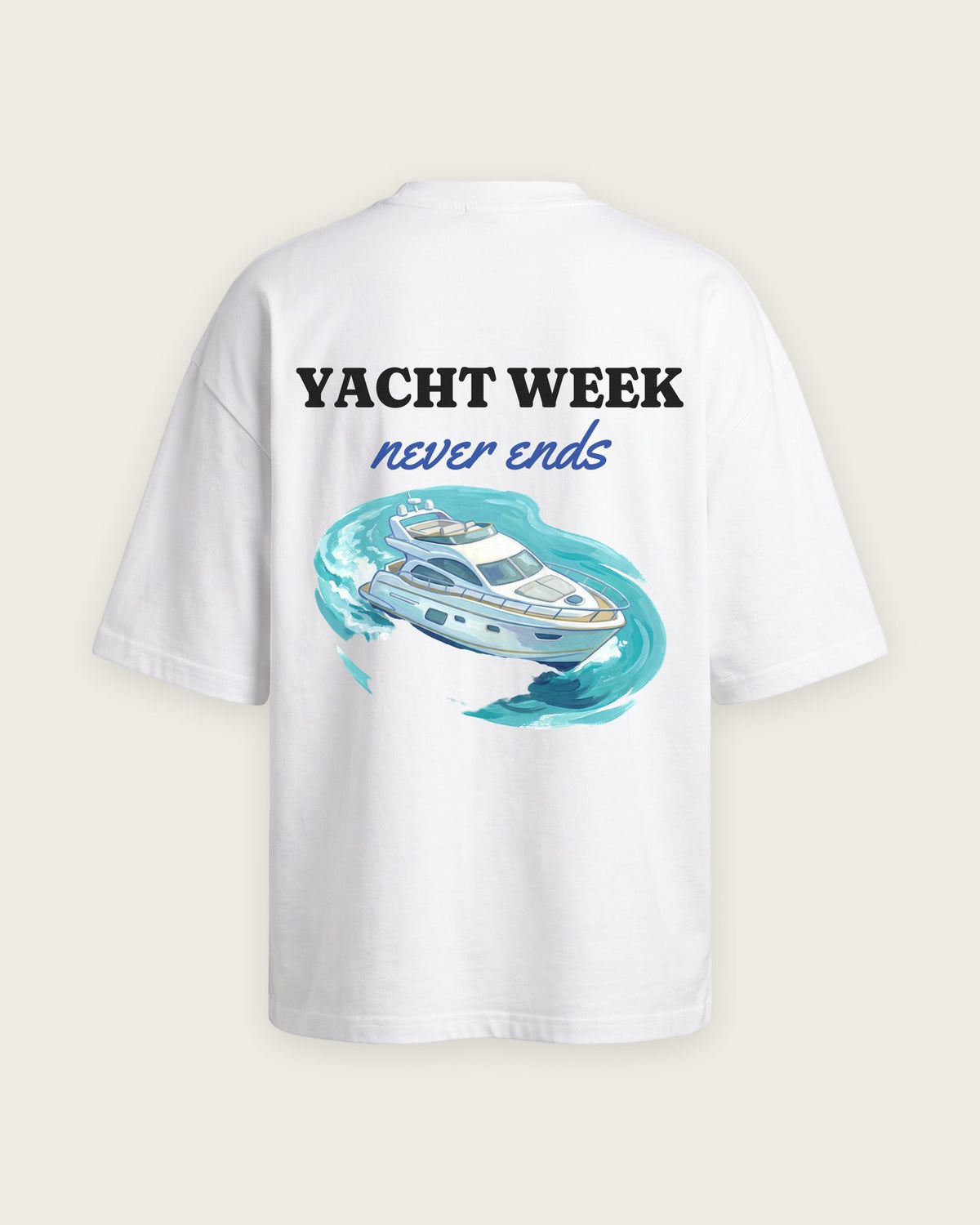 Camiseta Oversized “Yacht Week Never Ends” — Branco
