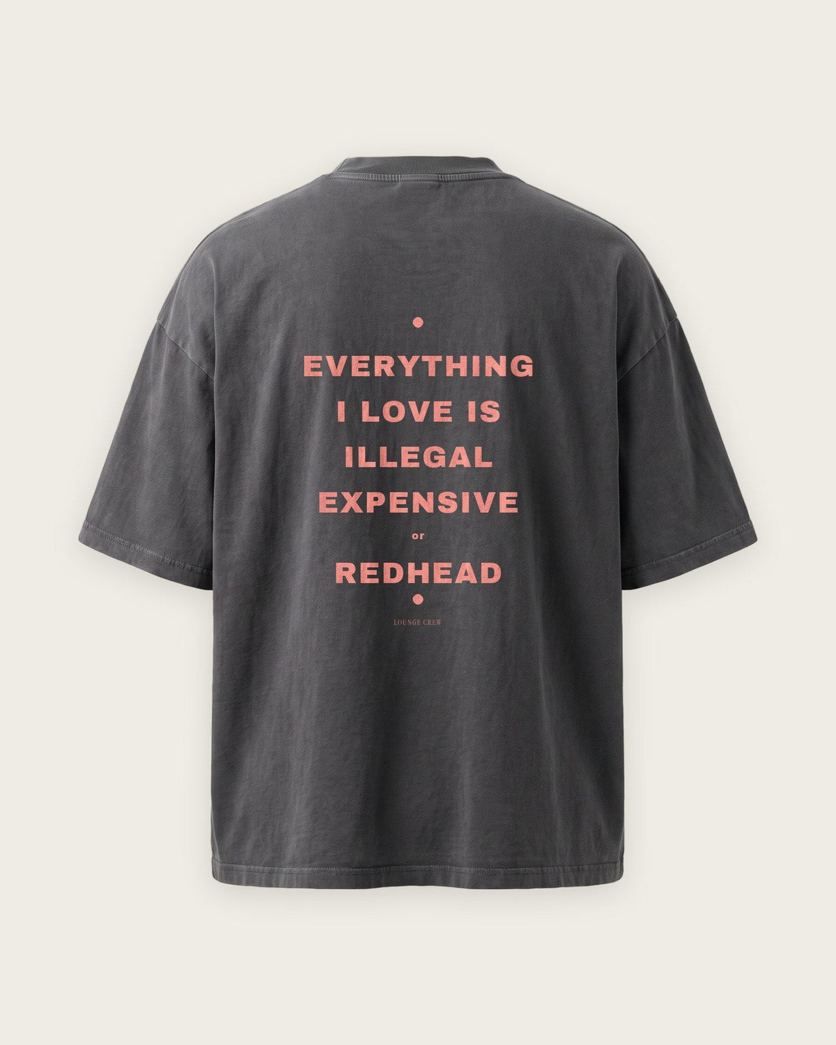 Camiseta Oversized “Everything I Love Is Illegal, Expensive or Redhead” — Cinza Estonado