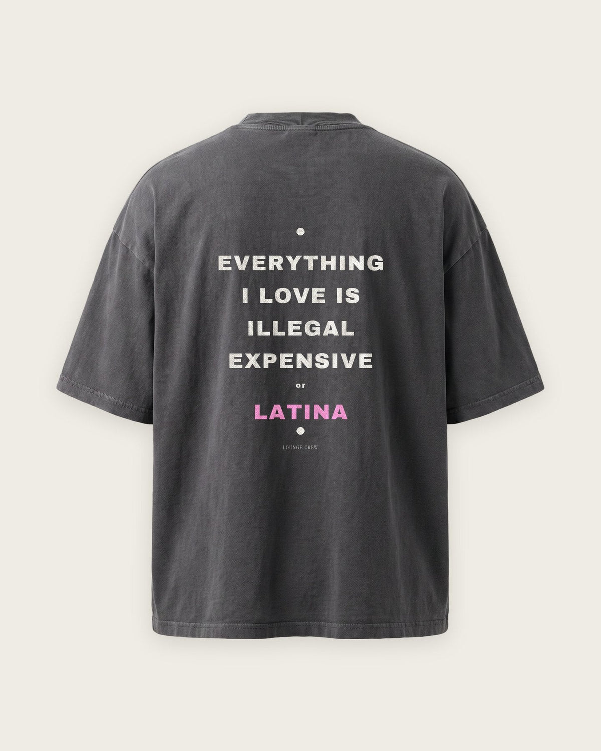 Camiseta Oversized “Everything I Love Is Illegal, Expensive or Latina” — Cinza Estonado