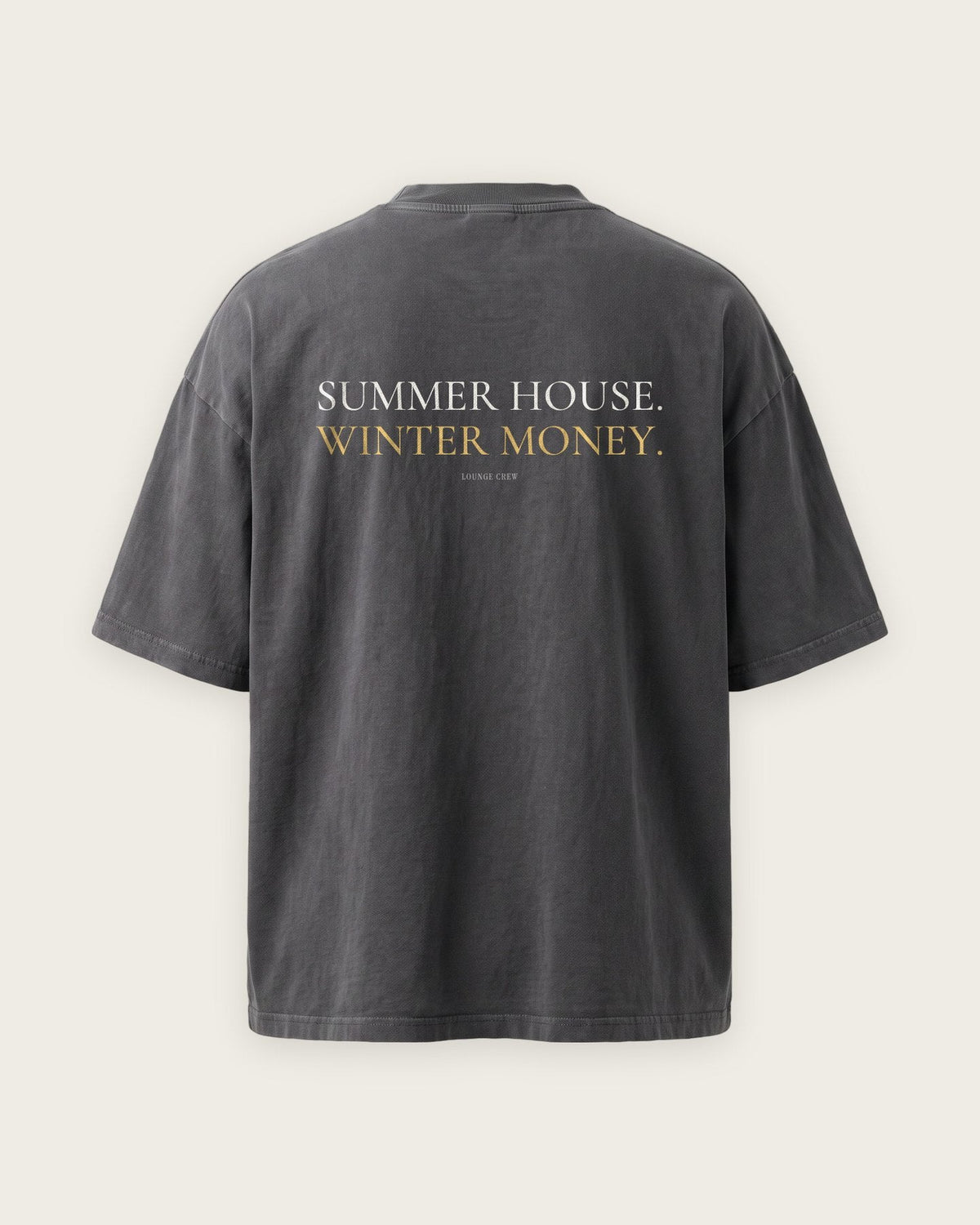 Camiseta Oversized “Summer House, Winter Money” — Cinza Estonado