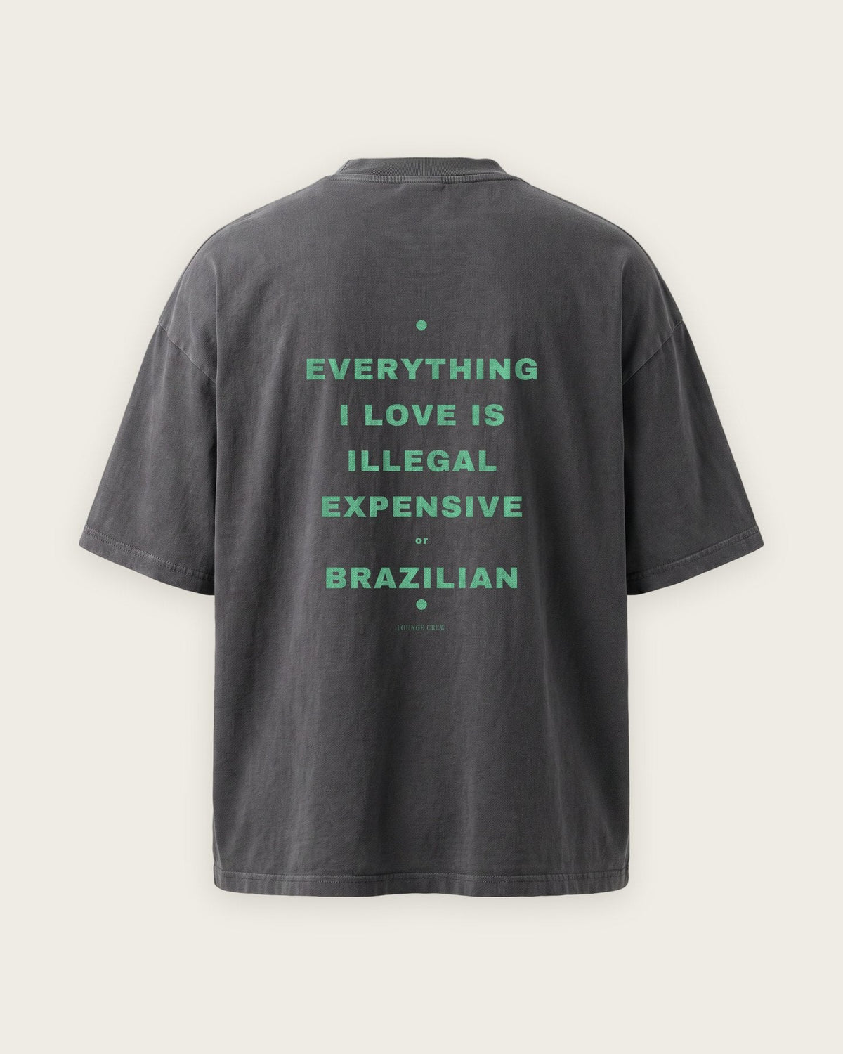 Camiseta Oversized “Everything I Love Is Illegal, Expensive or Brazilian” — Cinza Estonado