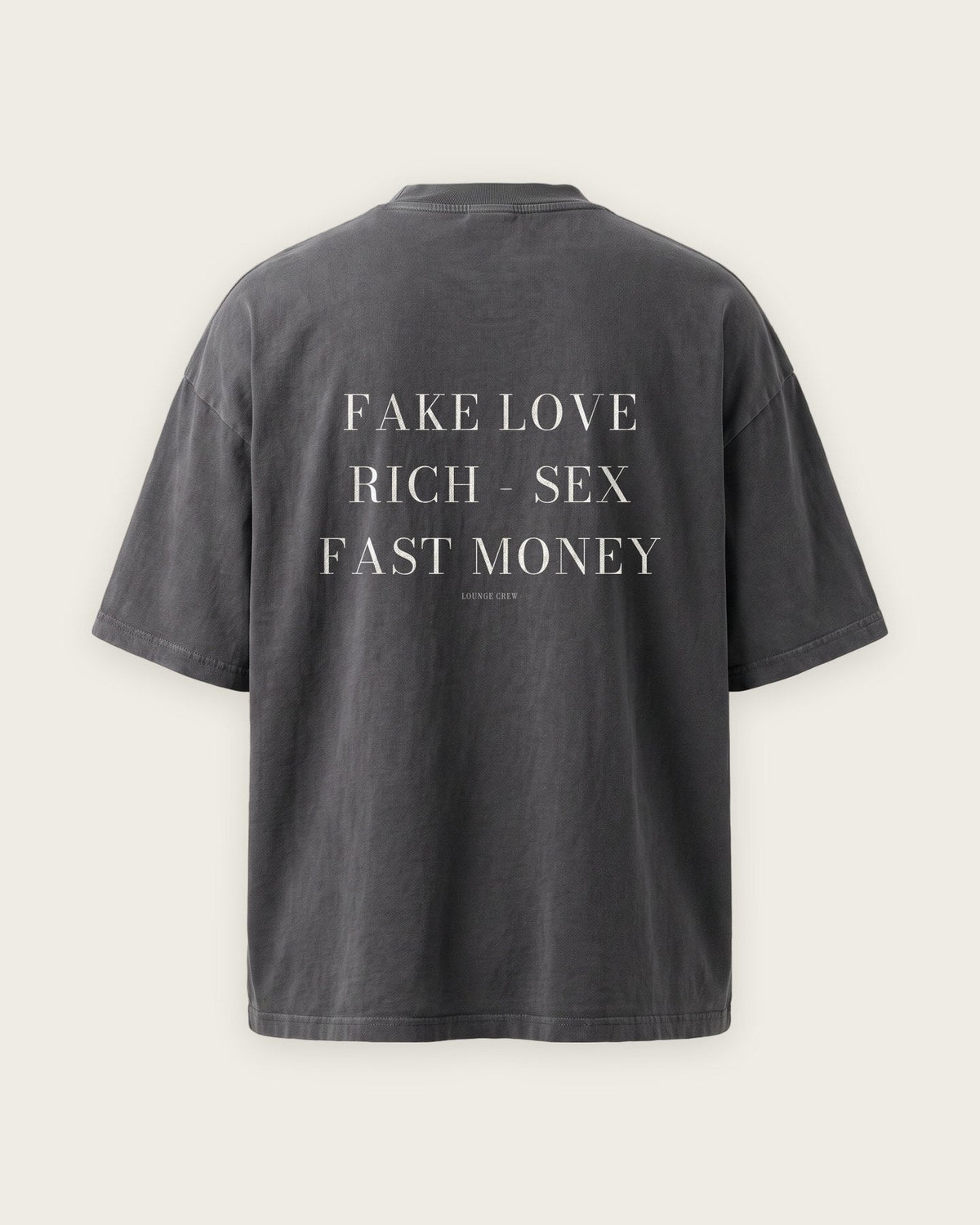 Camiseta Oversized “Fake Love, Rich - Sex, Fast Money” — Cinza Estonado
