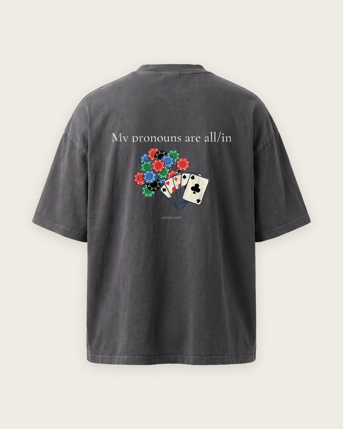 Camiseta Oversized “My Pronouns Are All/In” — Cinza Estonado
