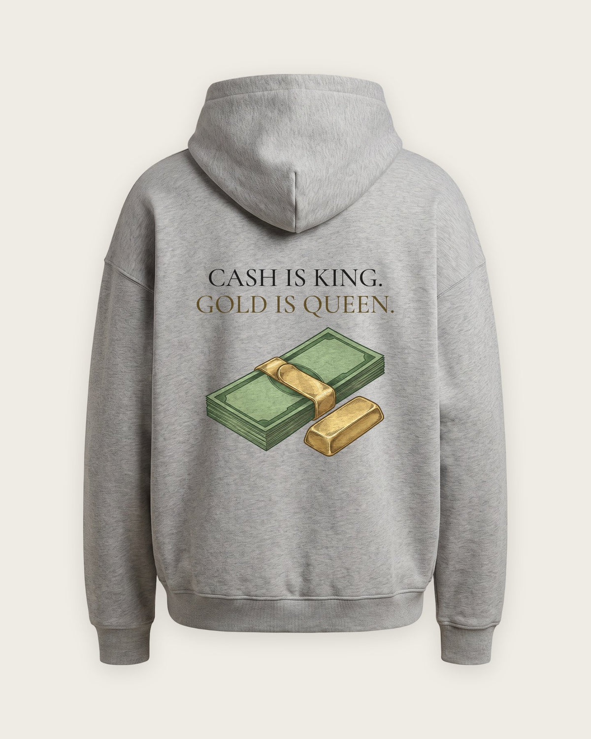 Moletom Oversized “Cash Is King, Gold Is Queen” — Cinza Mescla