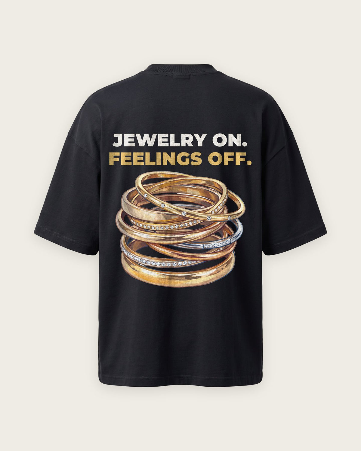 Camiseta Oversized “Jewelry On, Feelings Off” — Preto