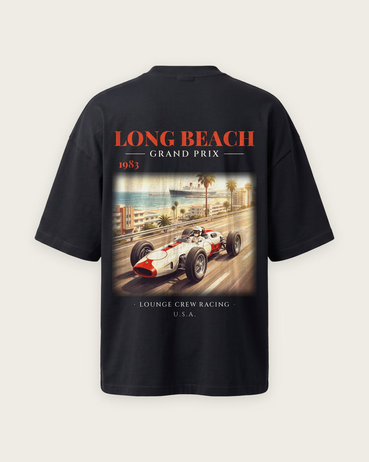 Camiseta “Long Beach Grand Prix 1983” — Preto — oversized