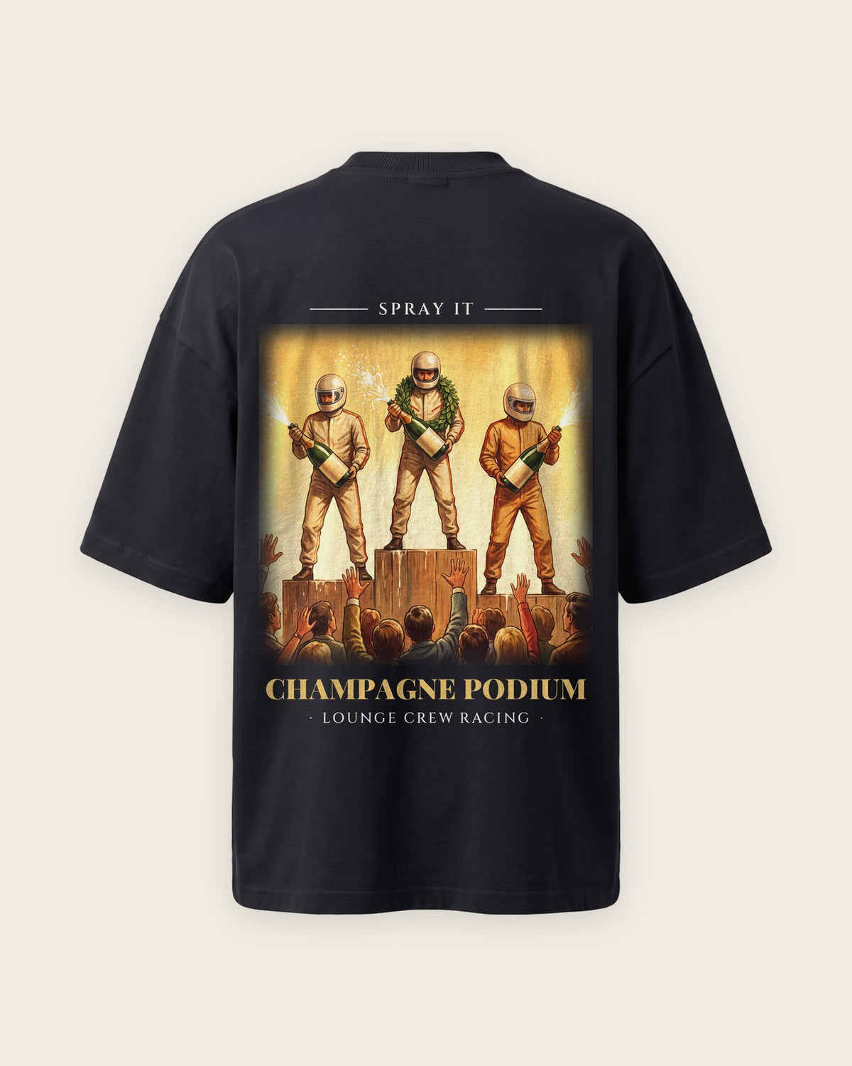 Camiseta “Champagne Podium” — Preto — oversized