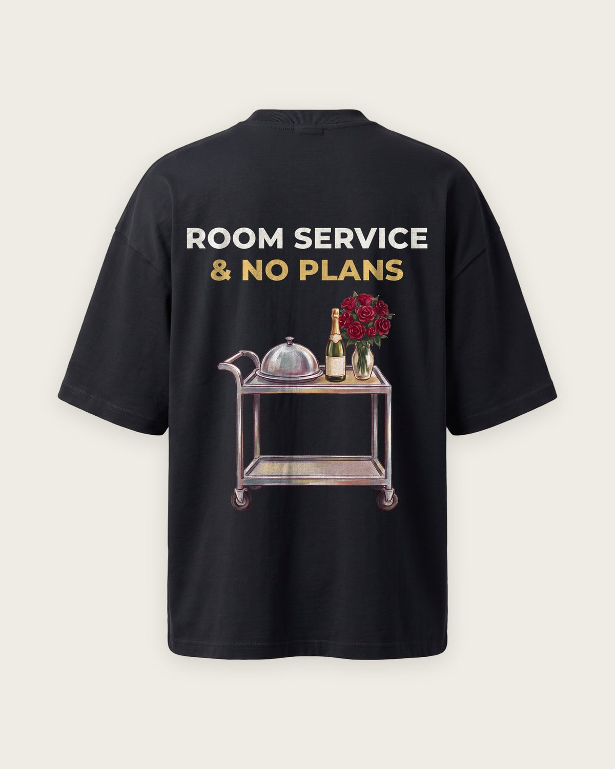 Camiseta Oversized “Room Service and No Plans” — Preto