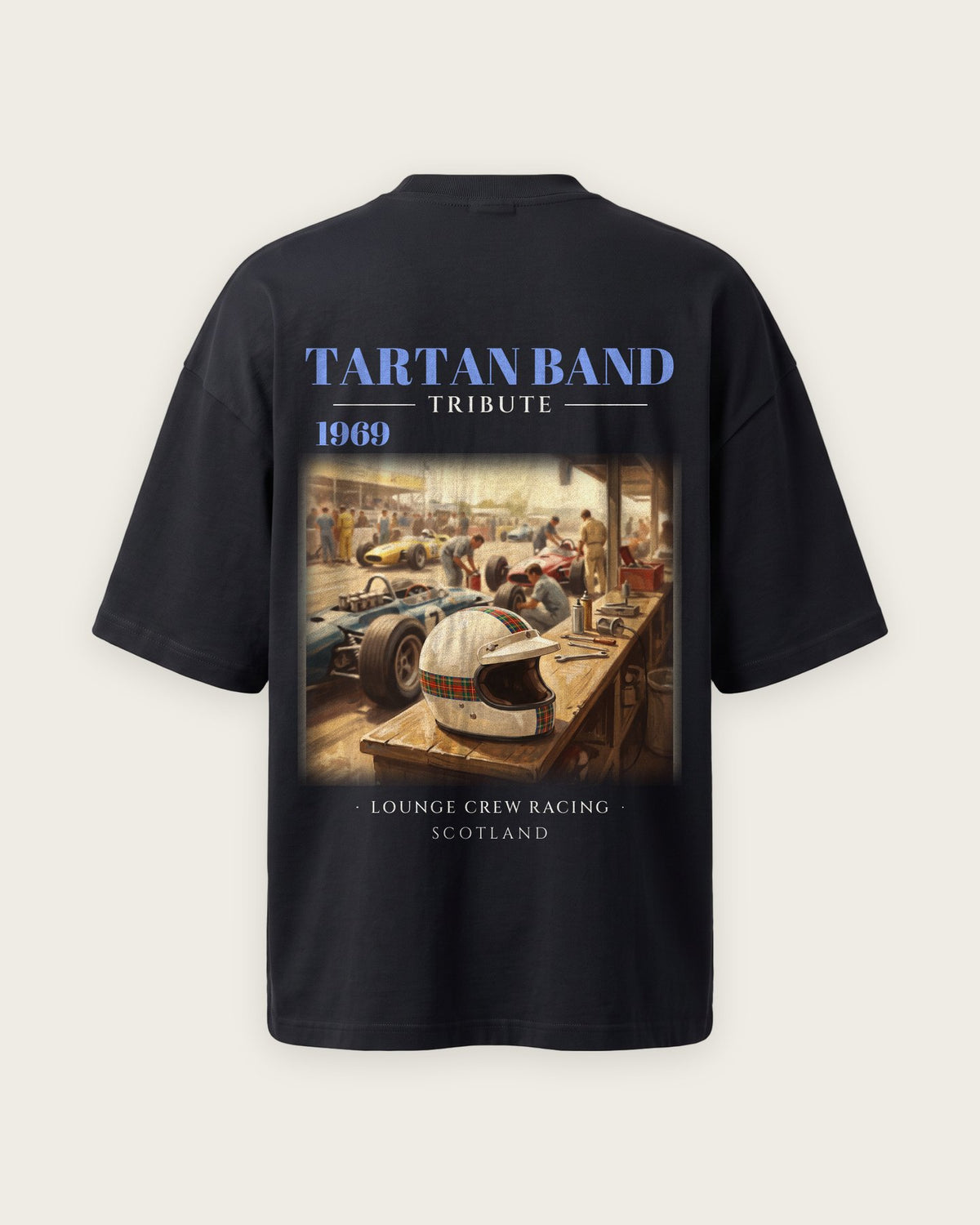 Camiseta “Tartan Band 1969” — Preto — oversized